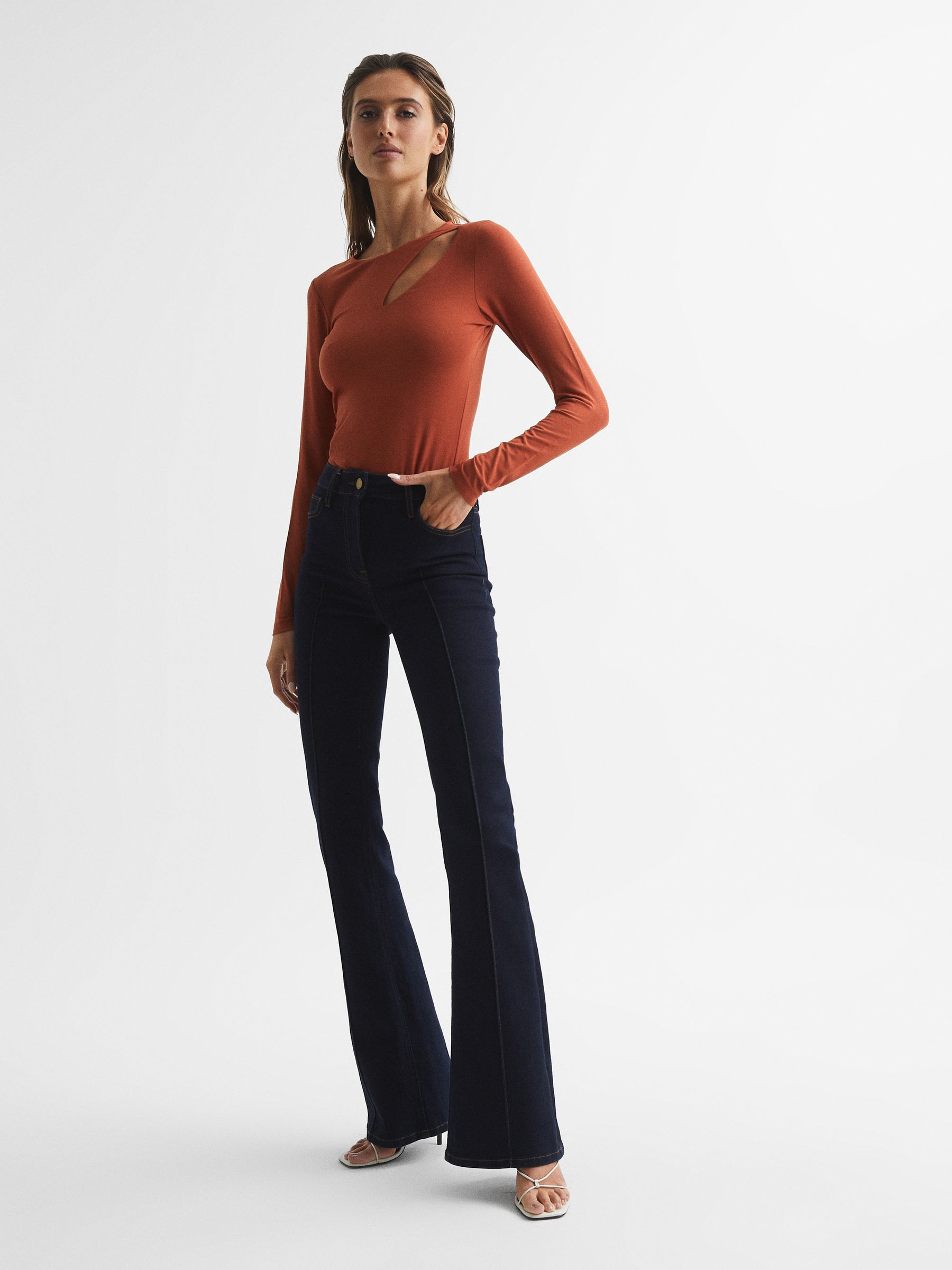 Cut-Out Long Sleeve Top in Orange - Image 3 of 7