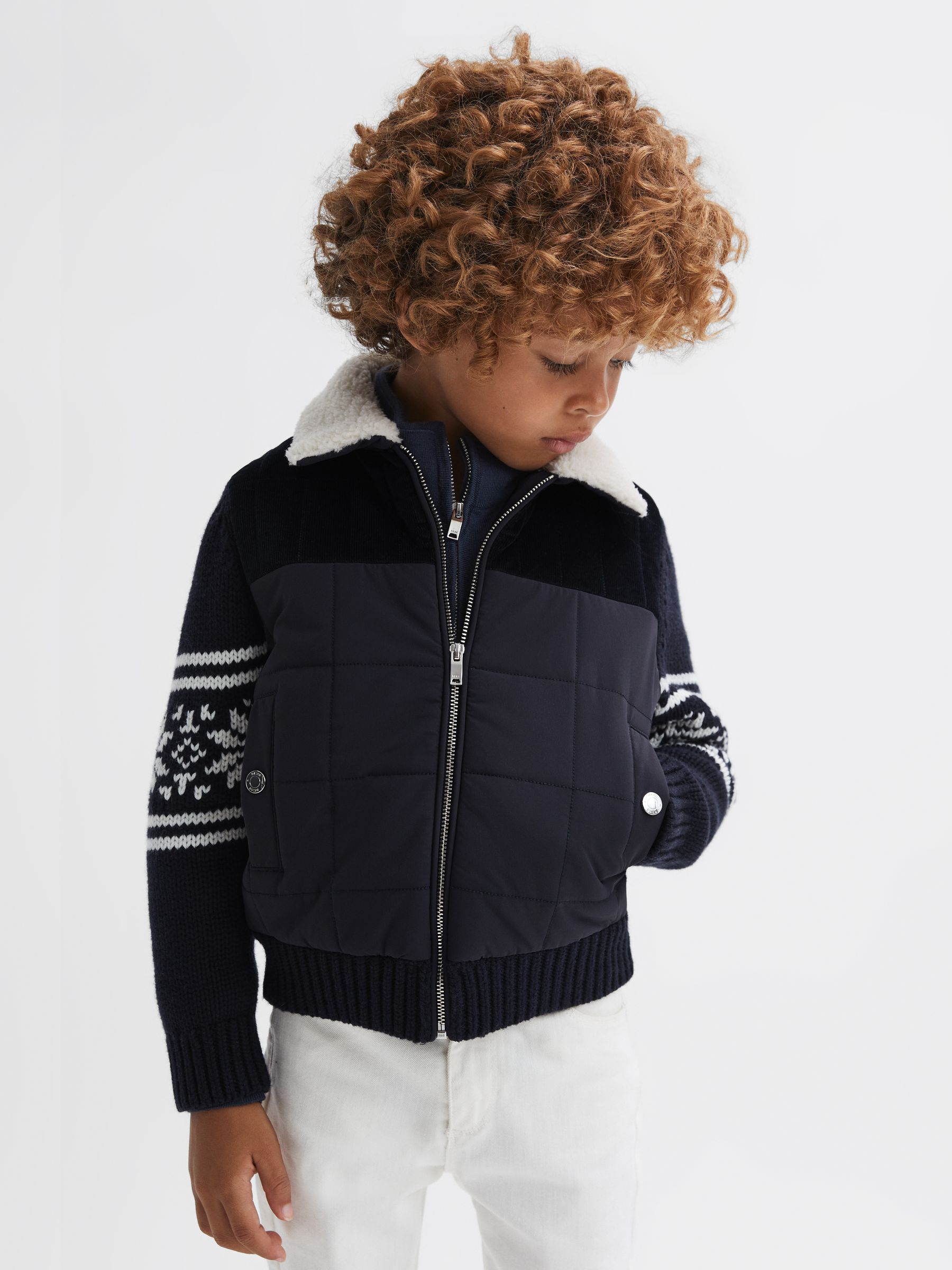 Junior Hybrid Knitted-Quilted Fairisle Pattern Coat in Navy - Image 1 of 6
