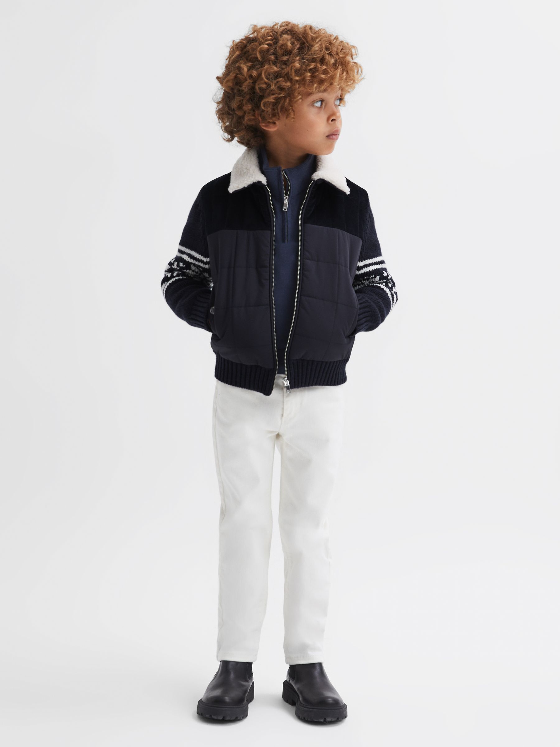 Junior Hybrid Knitted-Quilted Fairisle Pattern Coat in Navy - Image 3 of 6