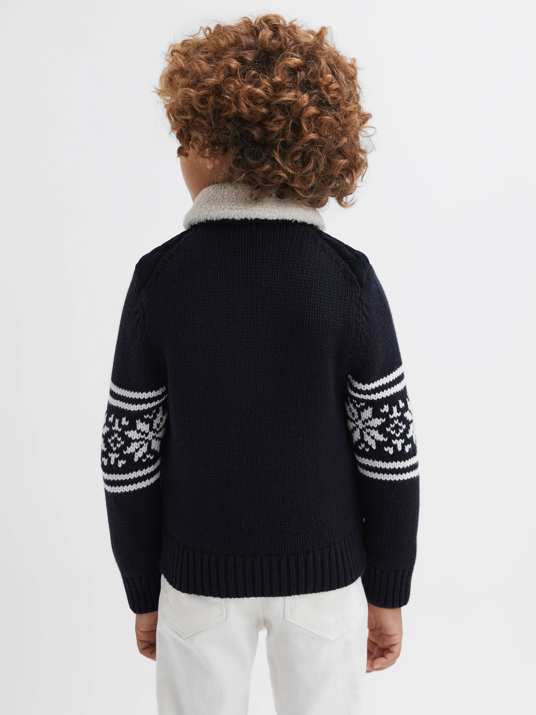 Junior Hybrid Knitted-Quilted Fairisle Pattern Coat in Navy - Image 4 of 6