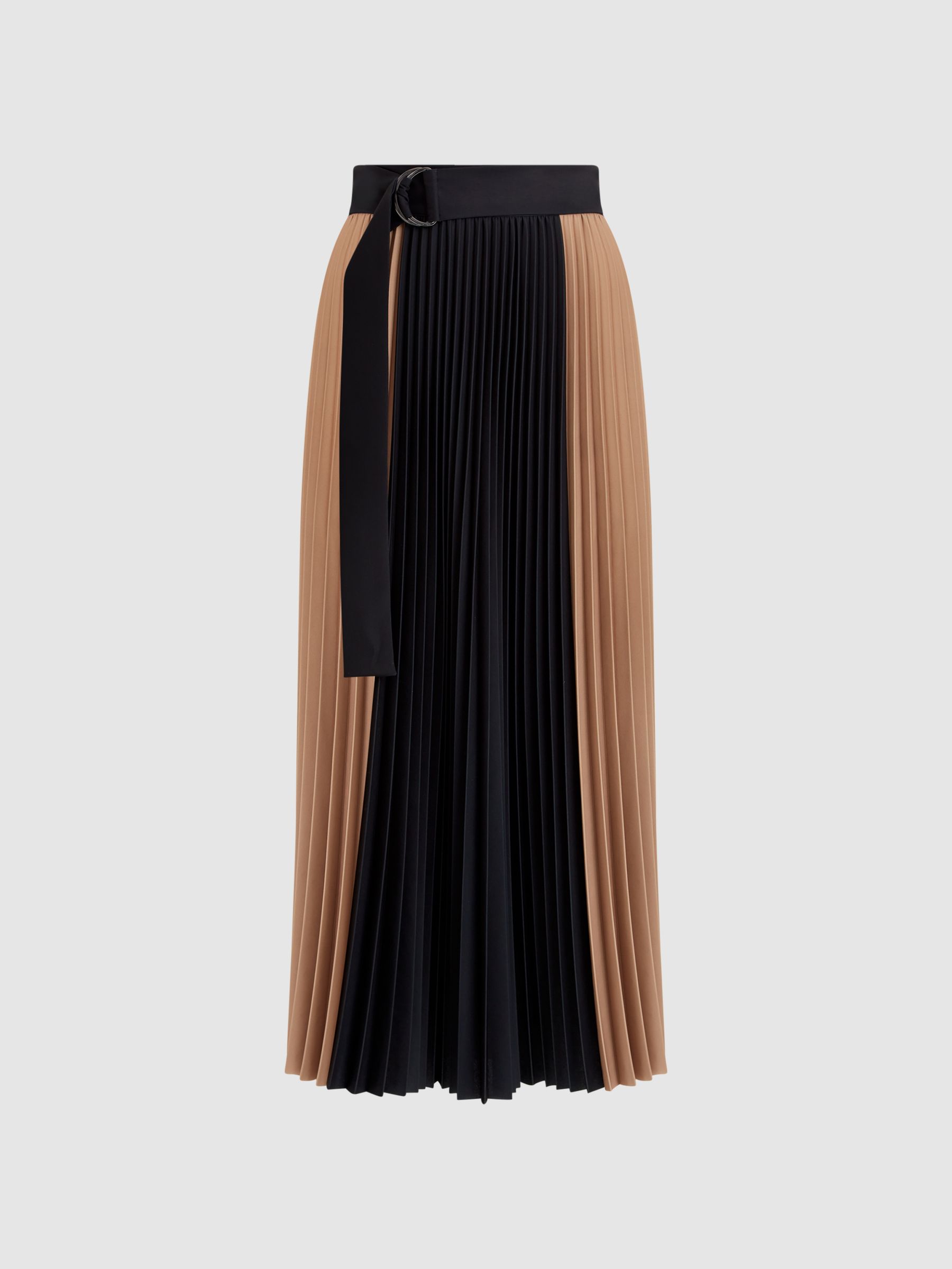 Colourblock Pleated Midi Skirt in Black/Camel - Image 2 of 5