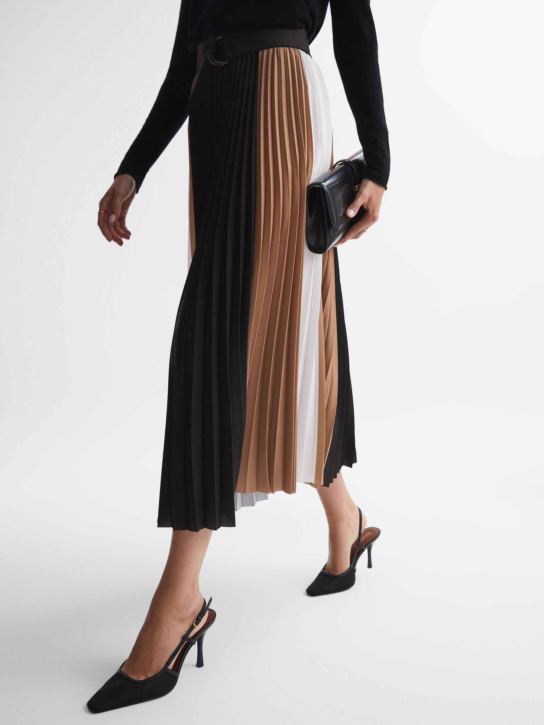 Colourblock Pleated Midi Skirt in Black/Camel - Image 3 of 5