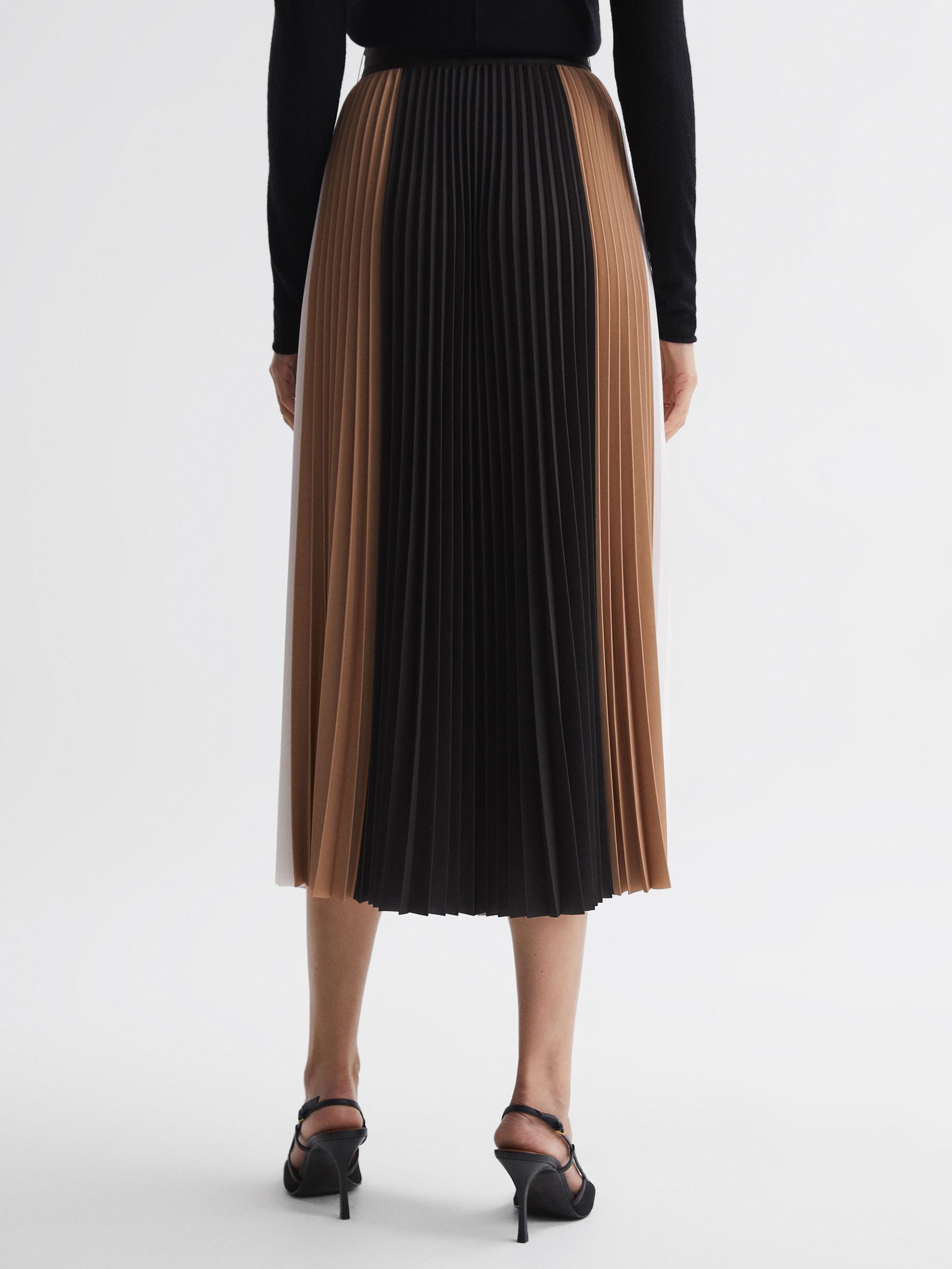 Colourblock Pleated Midi Skirt in Black/Camel - Image 4 of 5