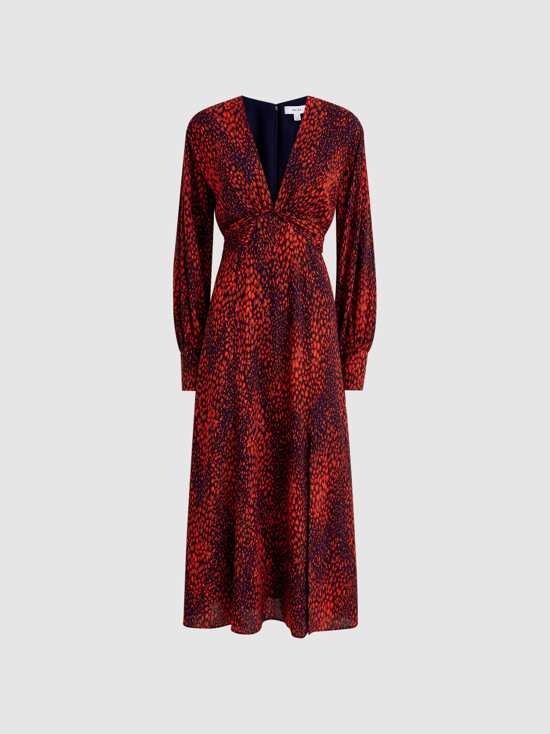 Reiss Animal Print Blouson Sleeve Midi Dress in Red | REISS Reiss Animal Print Blouson Sleeve Midi Dress in Red | REISS