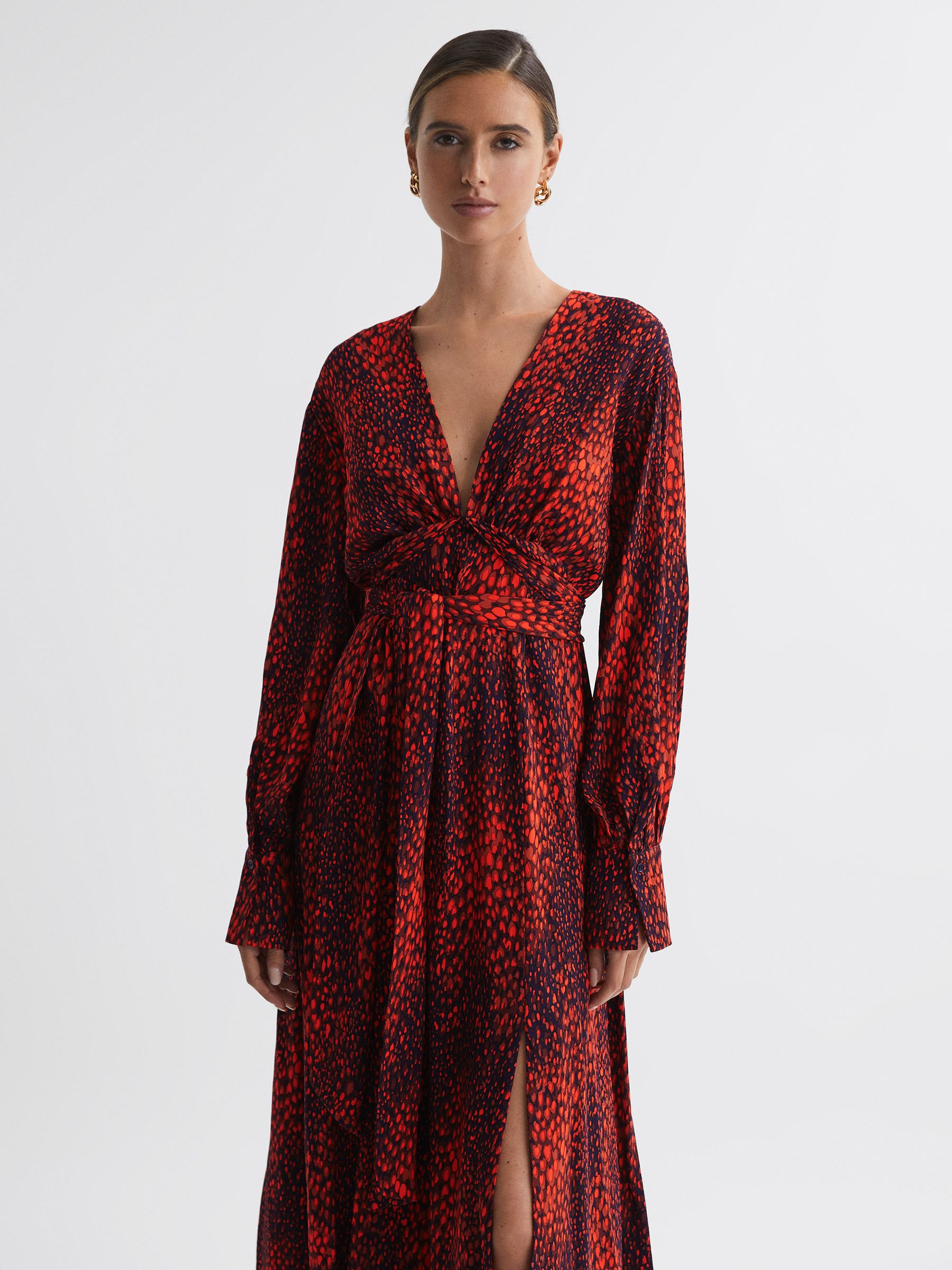 Reiss Animal Print Blouson Sleeve Midi Dress in Red - REISS