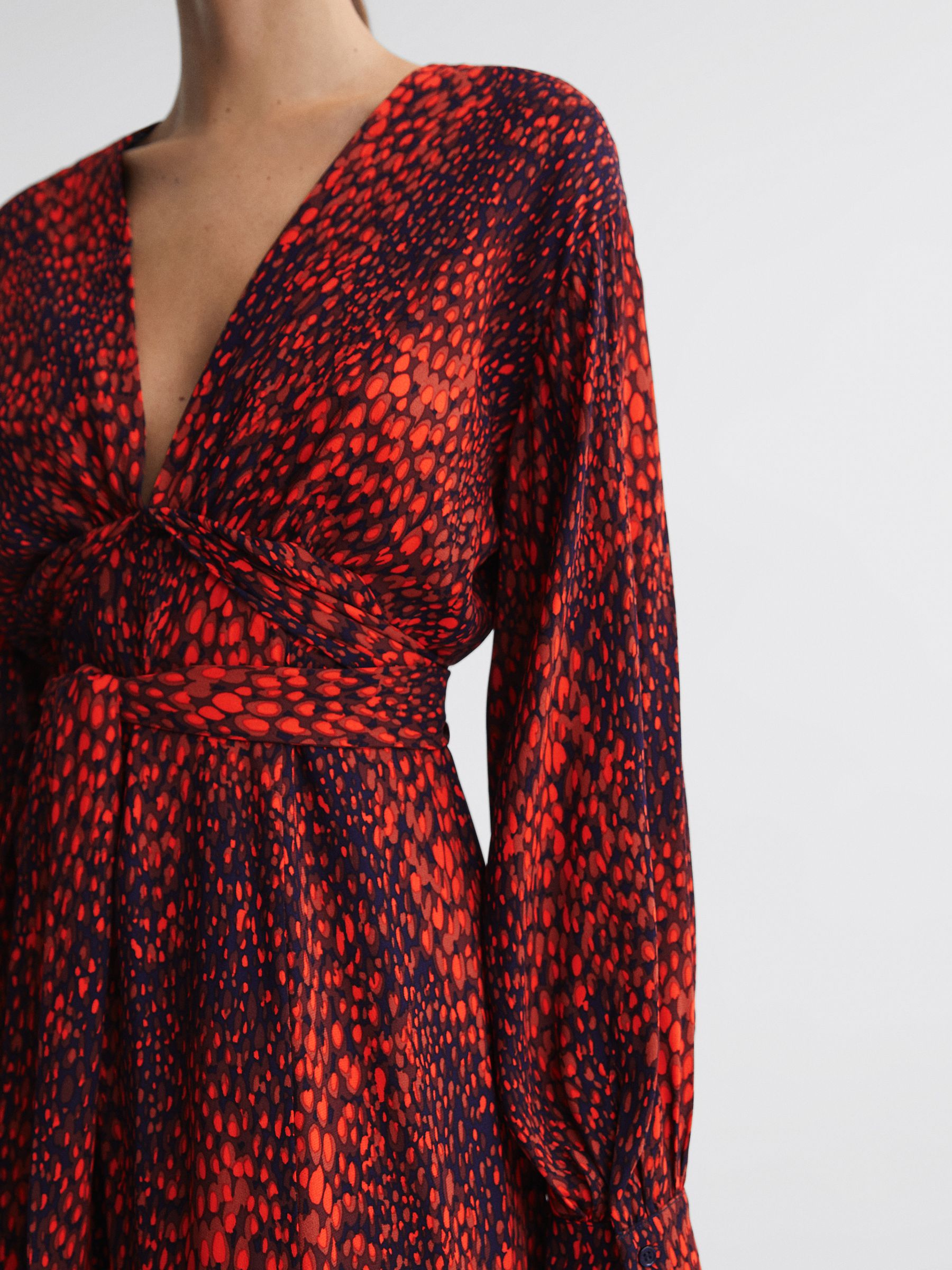 Animal Print Blouson Sleeve Midi Dress in Red - Image 4 of 5
