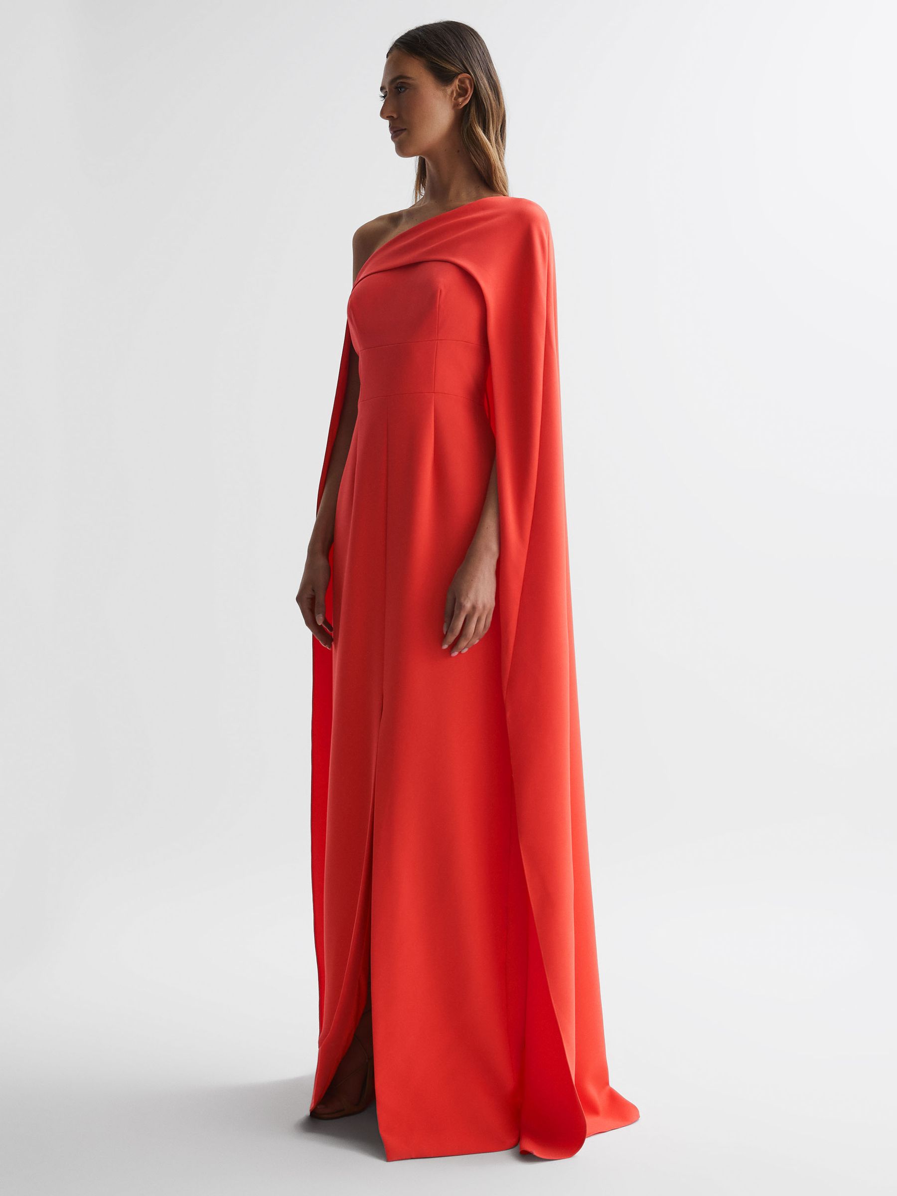 Reiss Halston One Shoulder Cape Maxi Dress in Orange | REISS