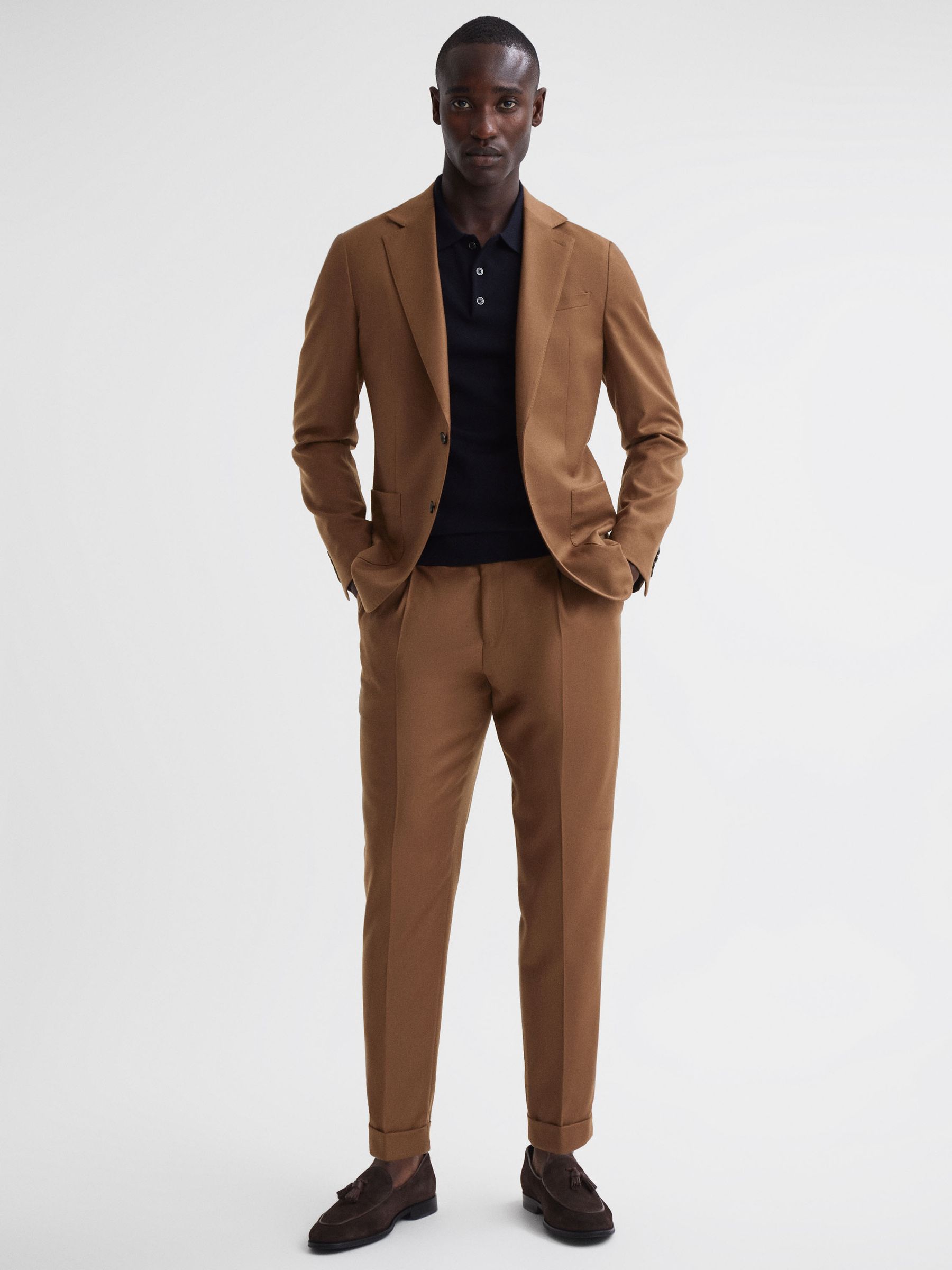 Slim Fit Wool Blend Rolled Hem Trousers in Tobacco - Image 1 of 4