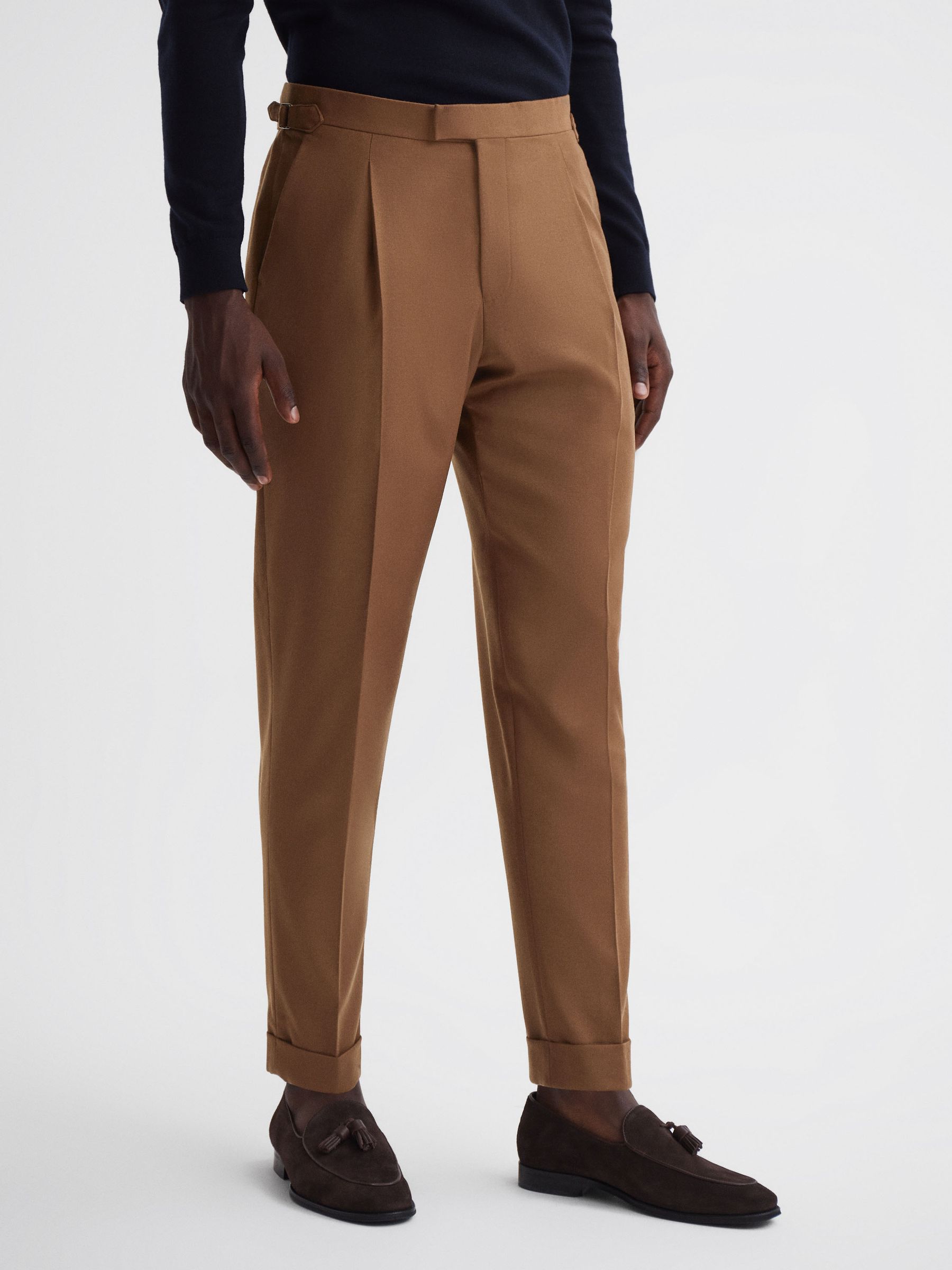 Slim Fit Wool Blend Rolled Hem Trousers in Tobacco - Image 3 of 4