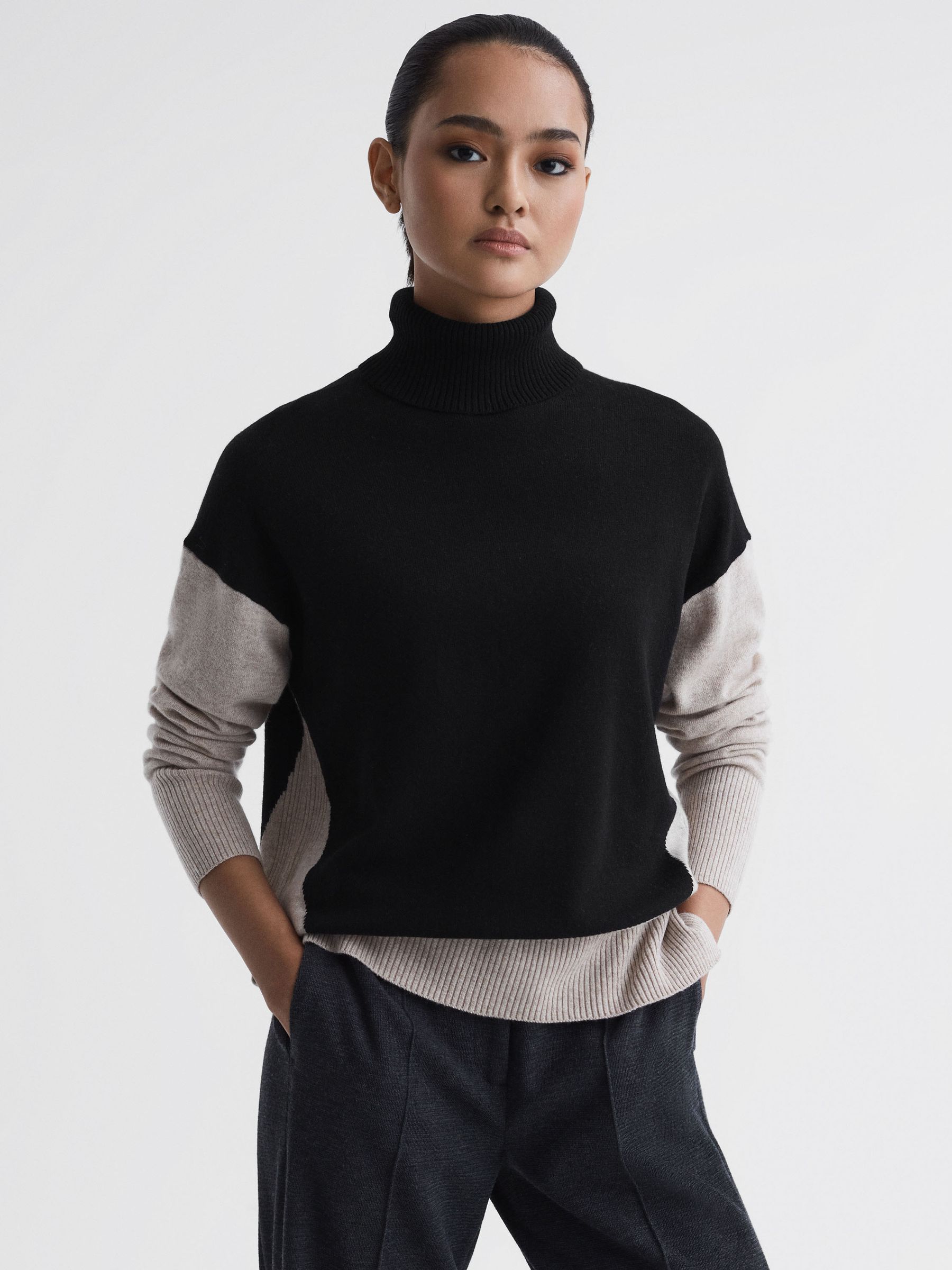 Wool Blend Roll Neck Jumper in Stone/Black - Image 1 of 5 Wool Blend Roll Neck Jumper in Stone/Black - Image 1 of 5