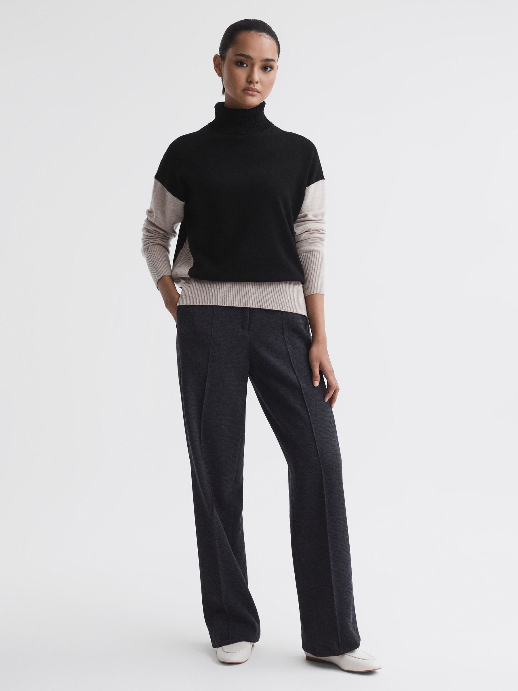 Wool Blend Roll Neck Jumper in Stone/Black - Image 3 of 5