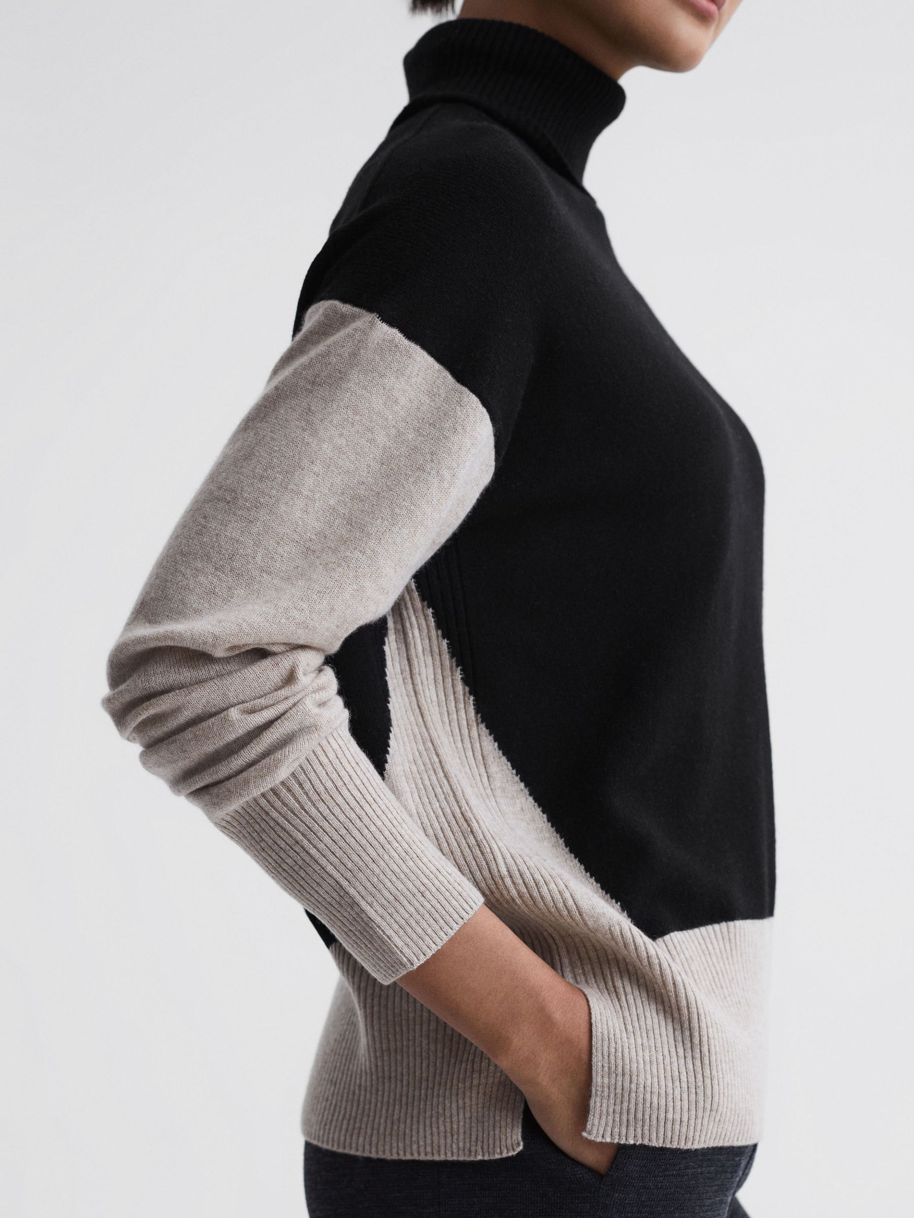 Wool Blend Roll Neck Jumper in Stone/Black - Image 4 of 5