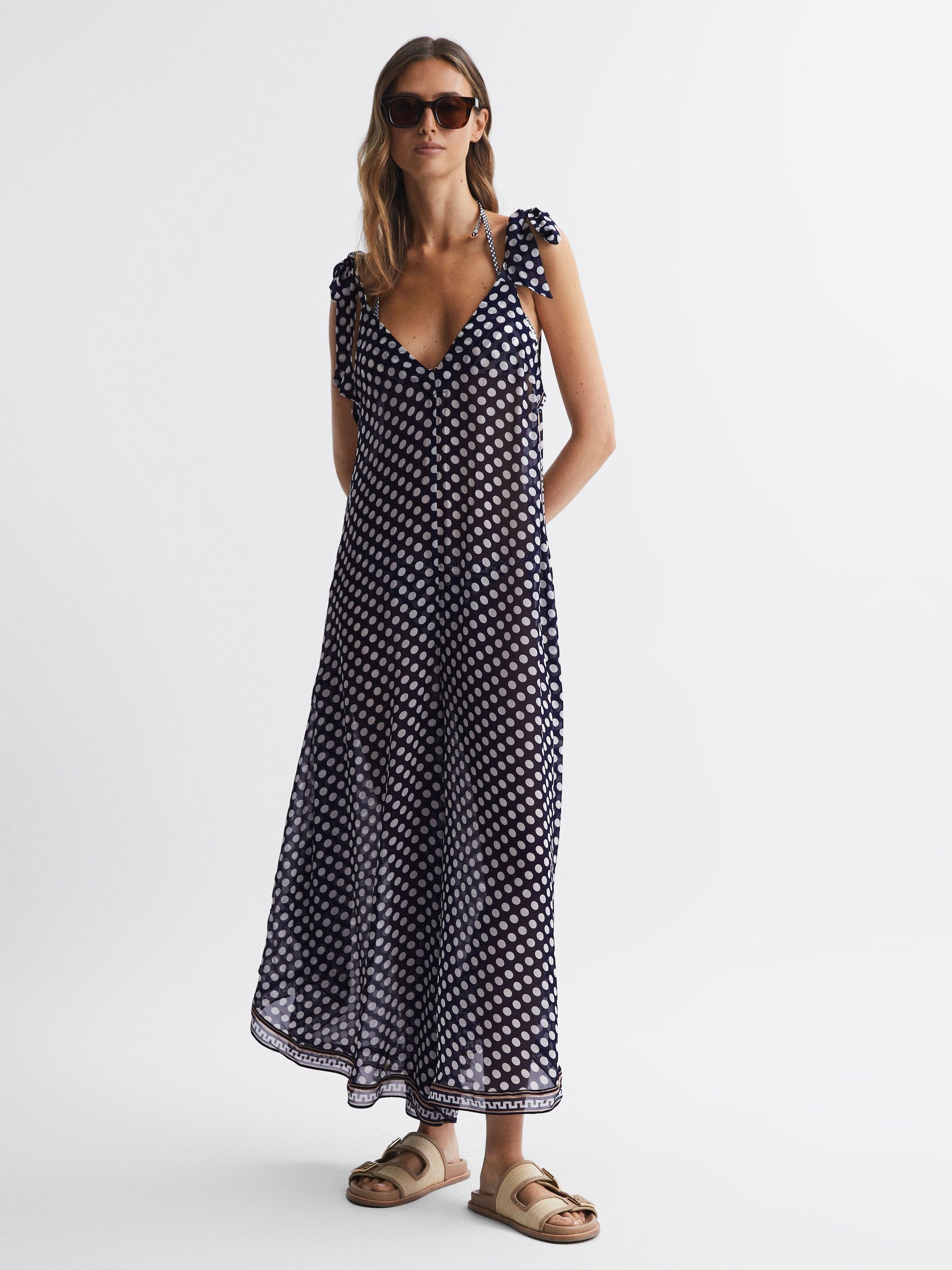 Polka Dot Wide-Leg Jumpsuit in Navy/White - Image 1 of 5 Polka Dot Wide-Leg Jumpsuit in Navy/White - Image 1 of 5