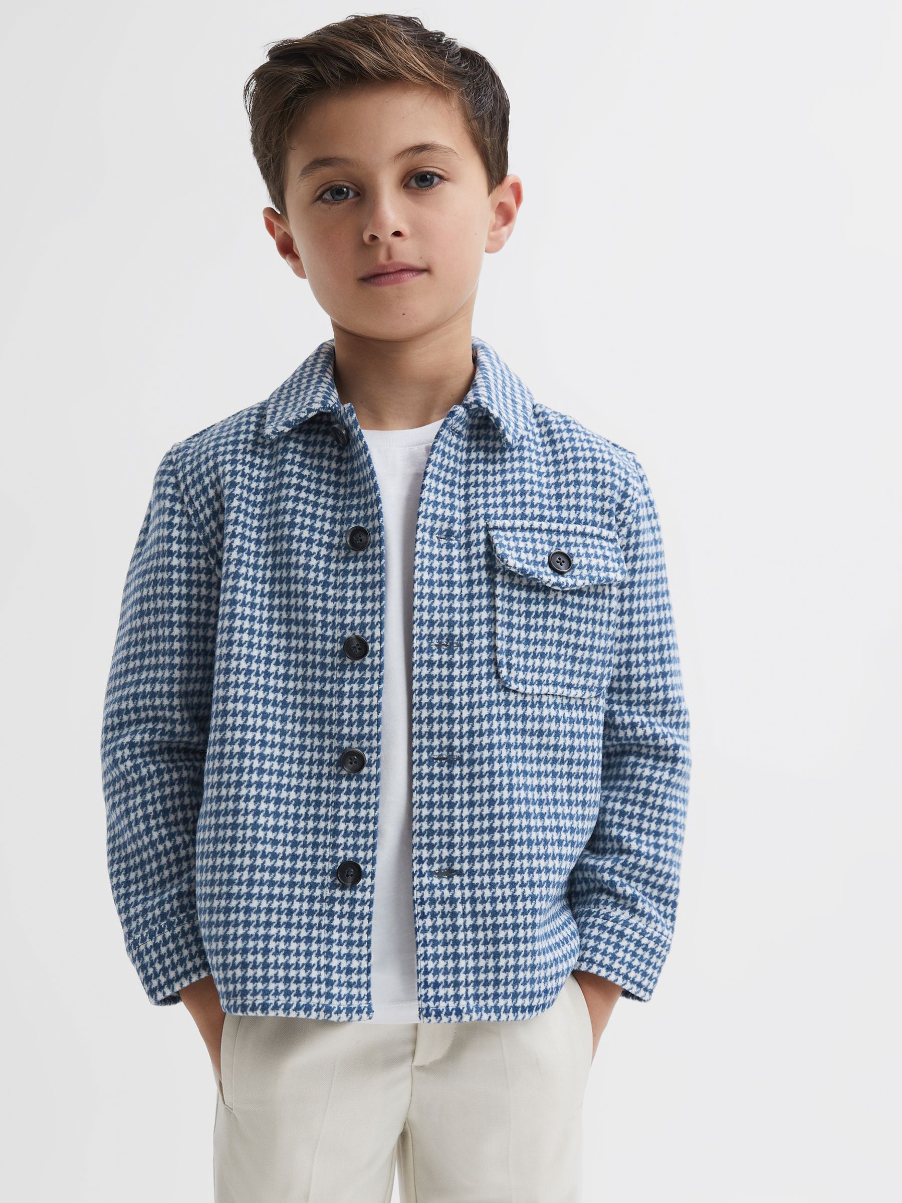 9-14 yrs Brushed Houndstooth Overshirt in Blue/White - Image 1 of 5