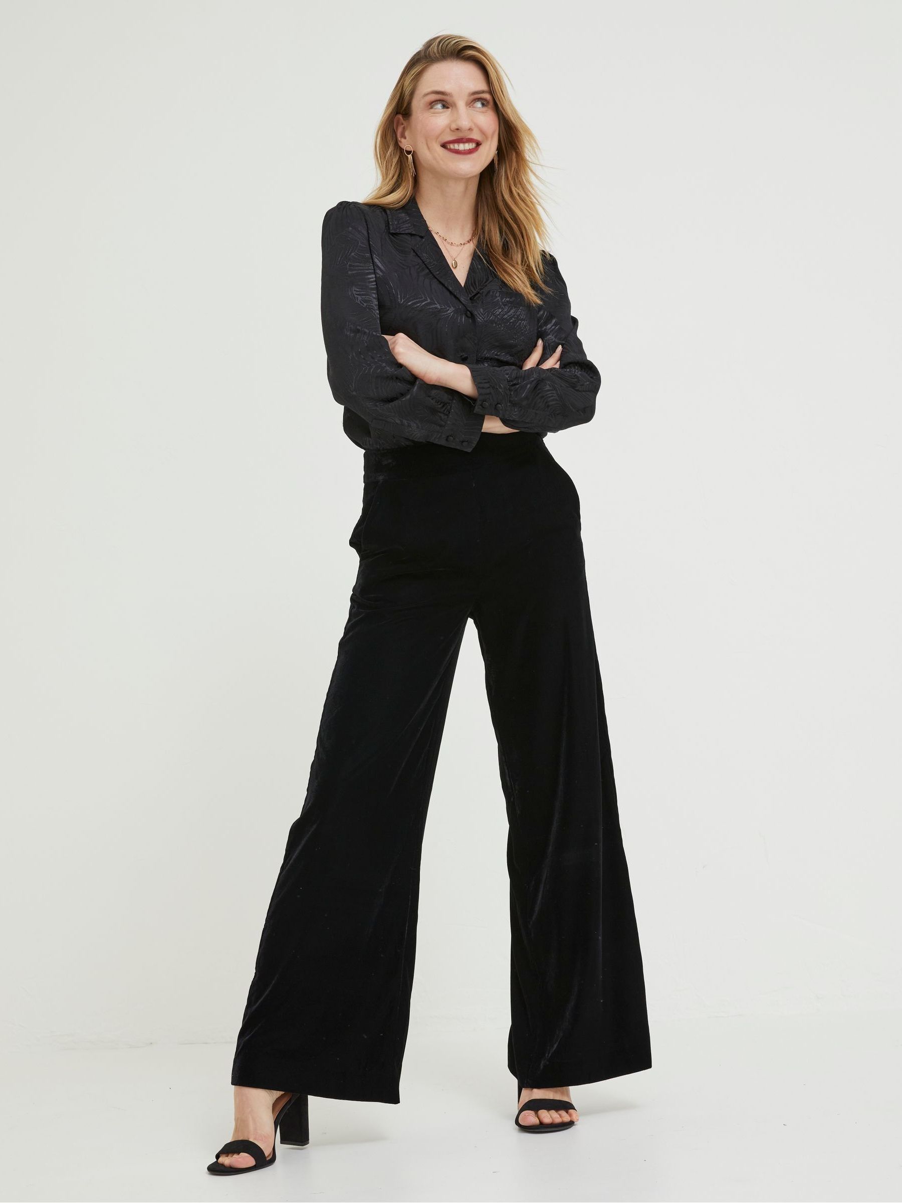 Black Wide Leg Velvet Trousers - Image 1 of 5