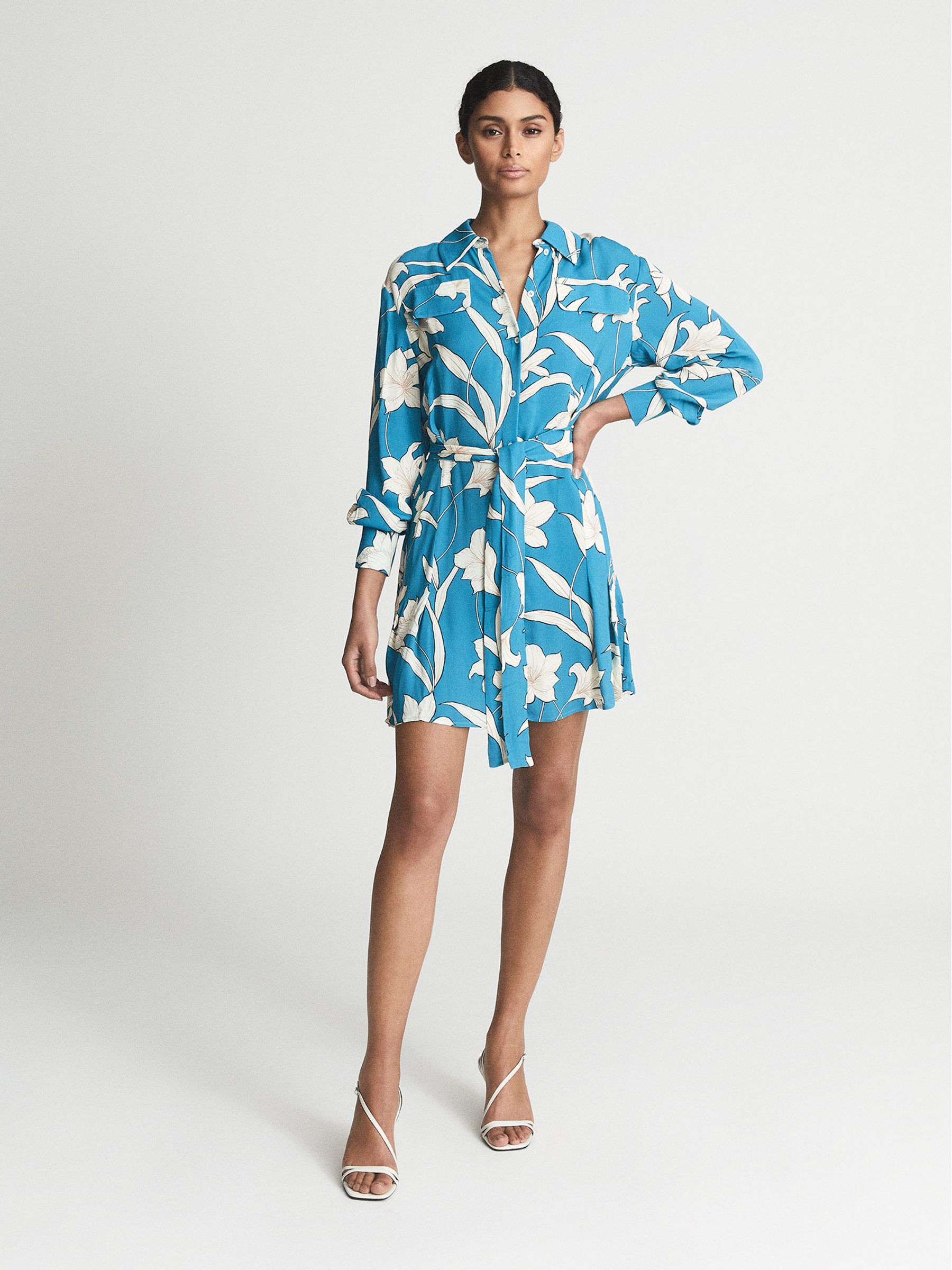 Printed Shirt Dress in Blue - Image 1 of 7 Printed Shirt Dress in Blue - Image 1 of 7