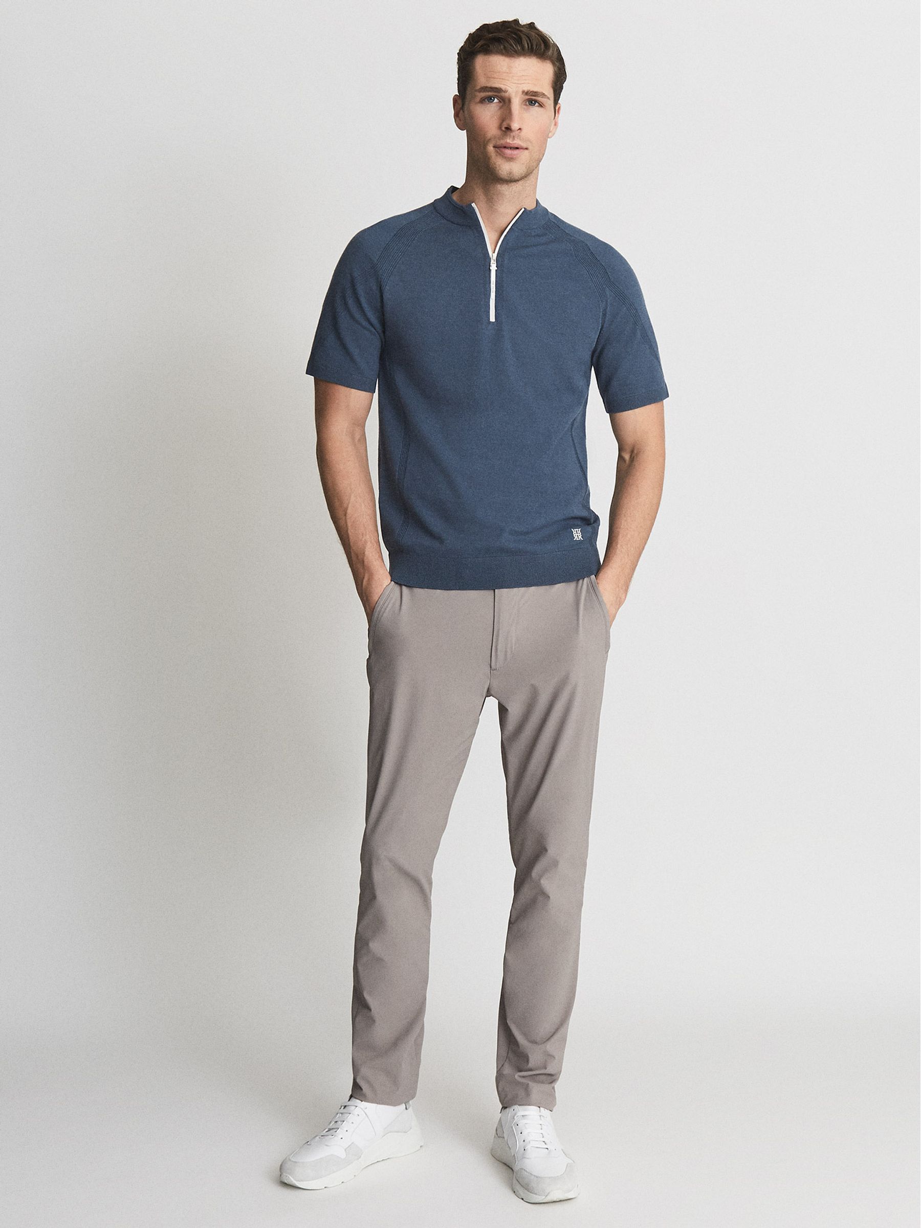 Half Zip Funnel Neck Polo T-Shirt in Airforce Blue - Image 1 of 5 Half Zip Funnel Neck Polo T-Shirt in Airforce Blue - Image 1 of 5
