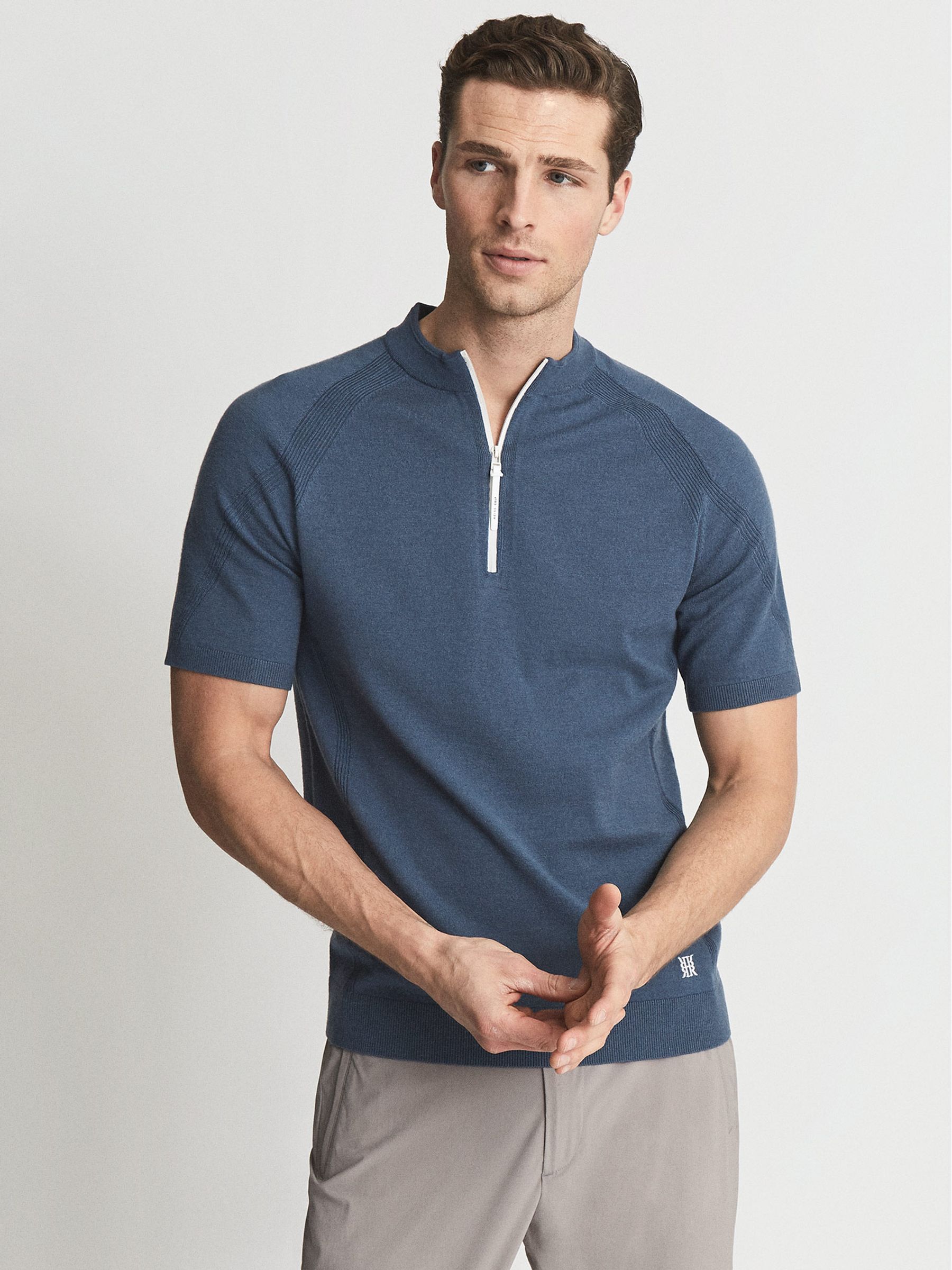 Half Zip Funnel Neck Polo T-Shirt in Airforce Blue - Image 3 of 5