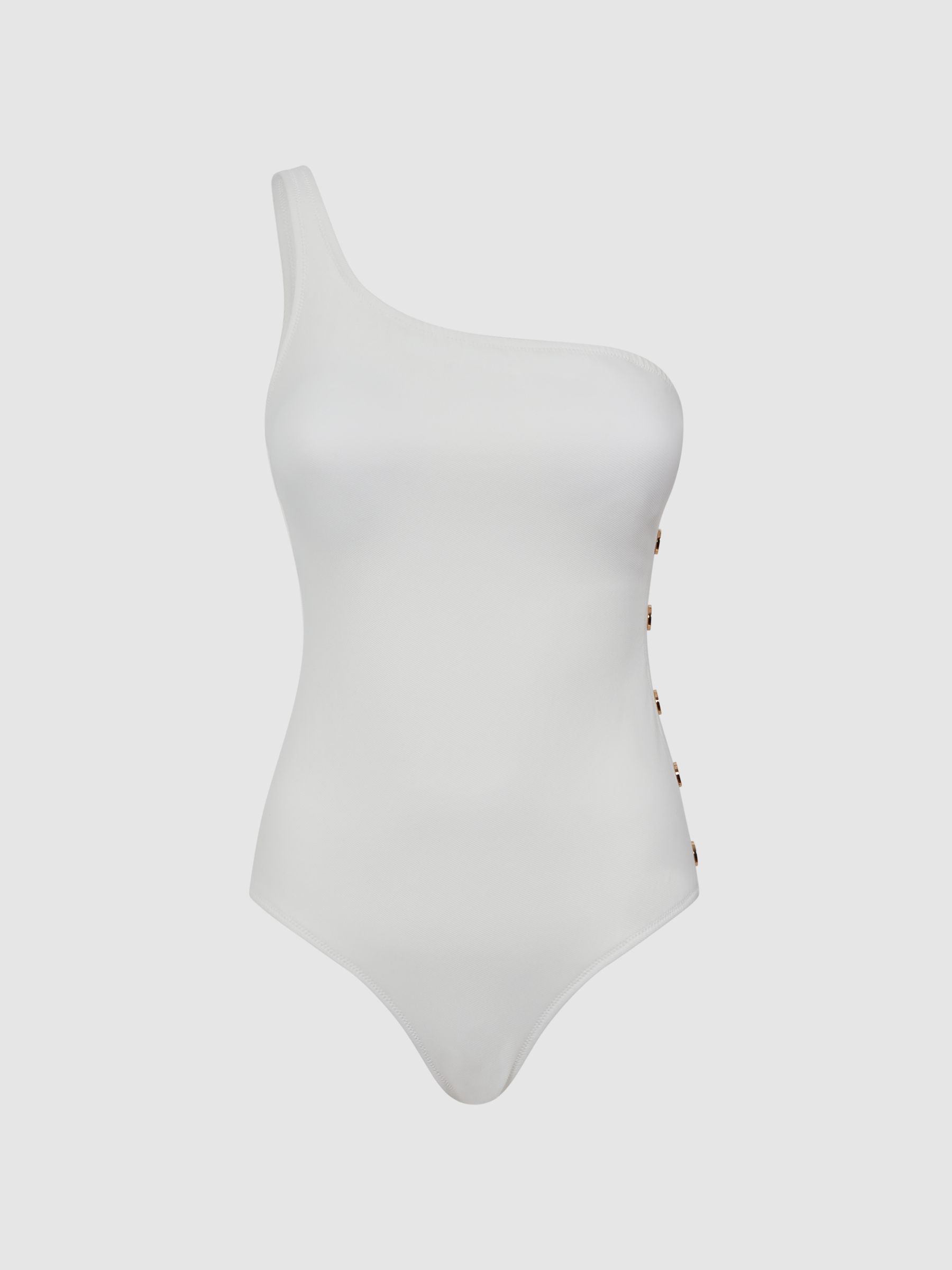 Asymmetric Swimsuit With Button Detail in White - Image 2 of 6
