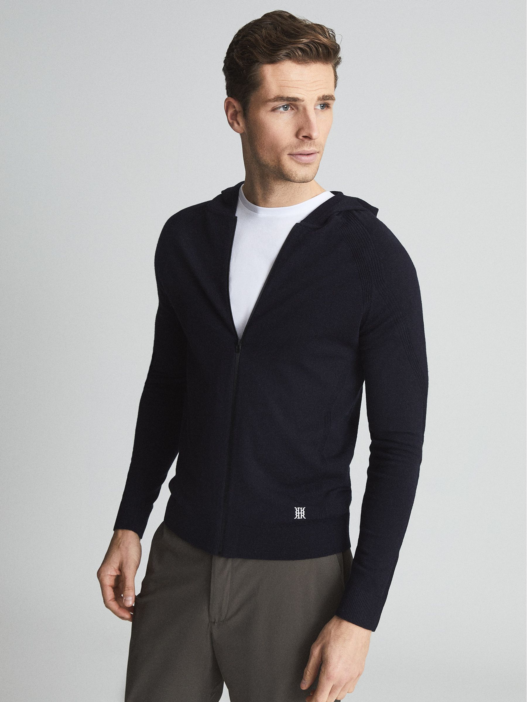 Zip-Up Merino Wool Hoodie in Navy - Image 1 of 6