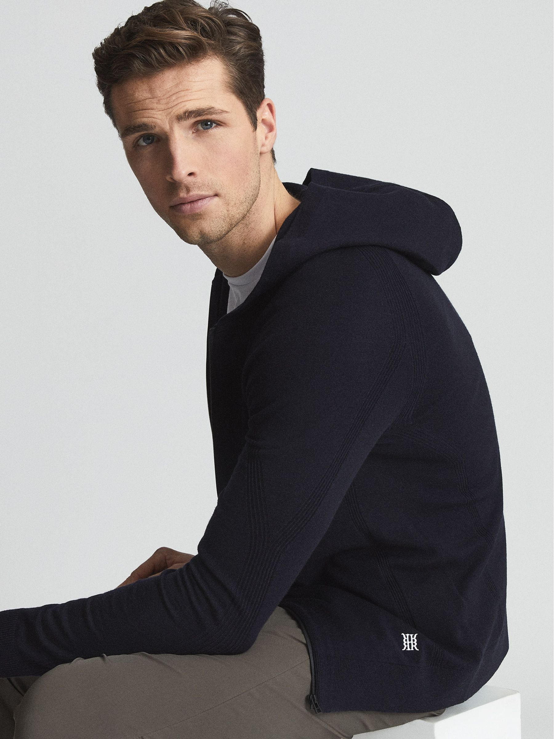 Zip-Up Merino Wool Hoodie in Navy - Image 6 of 6