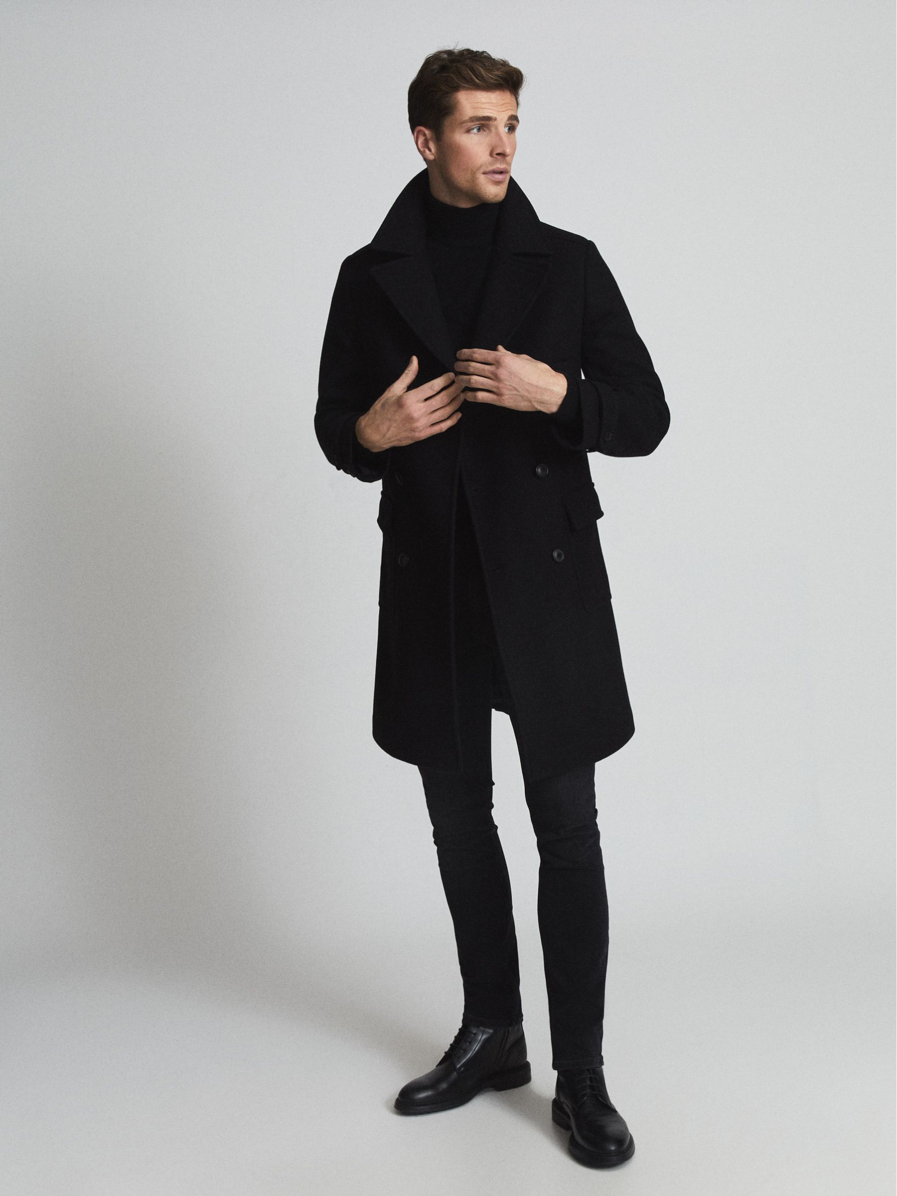 Wool Blend Twill Overcoat in Black - Image 3 of 5