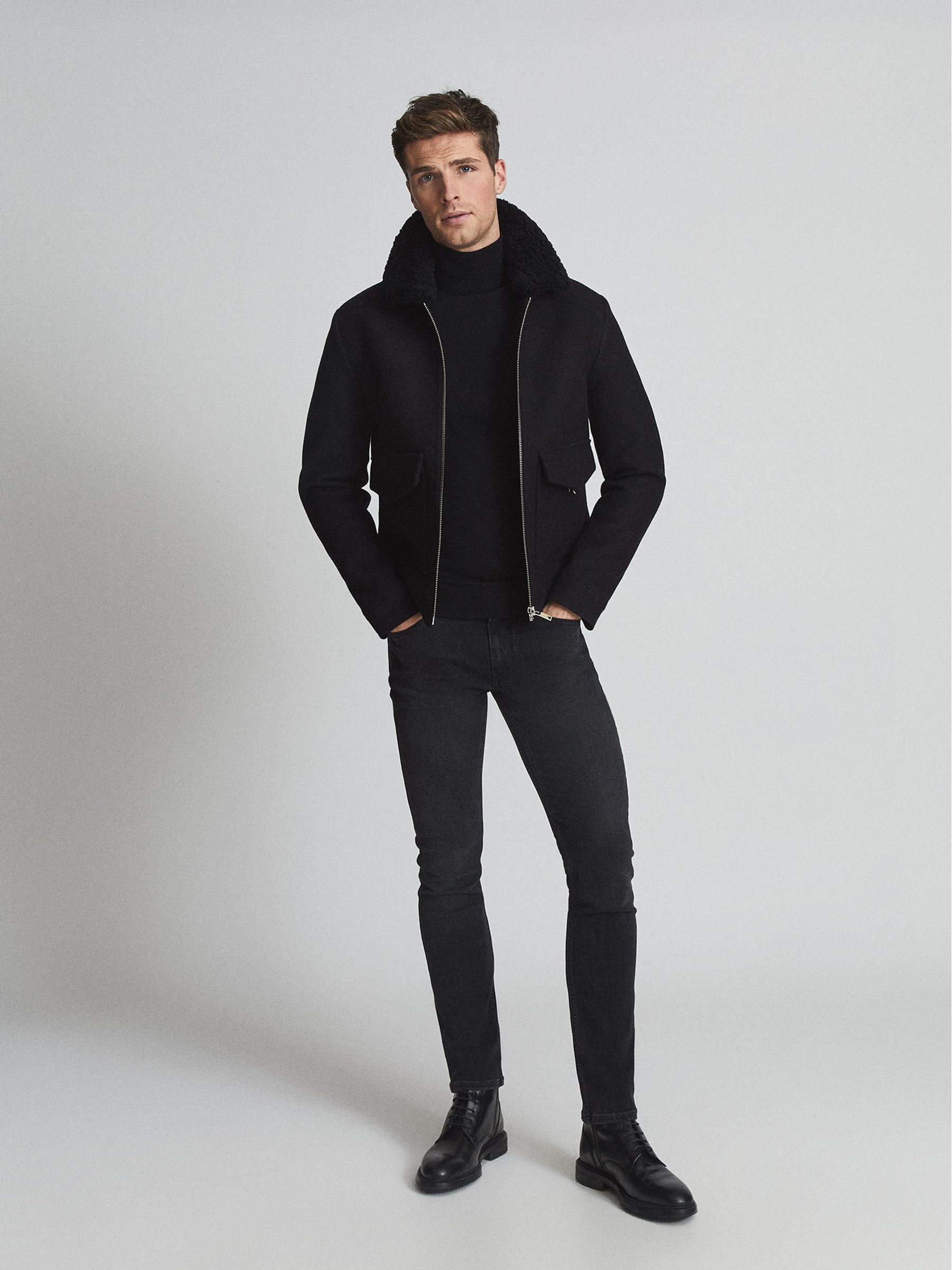Shearling Collar Jacket in Black - Image 1 of 5