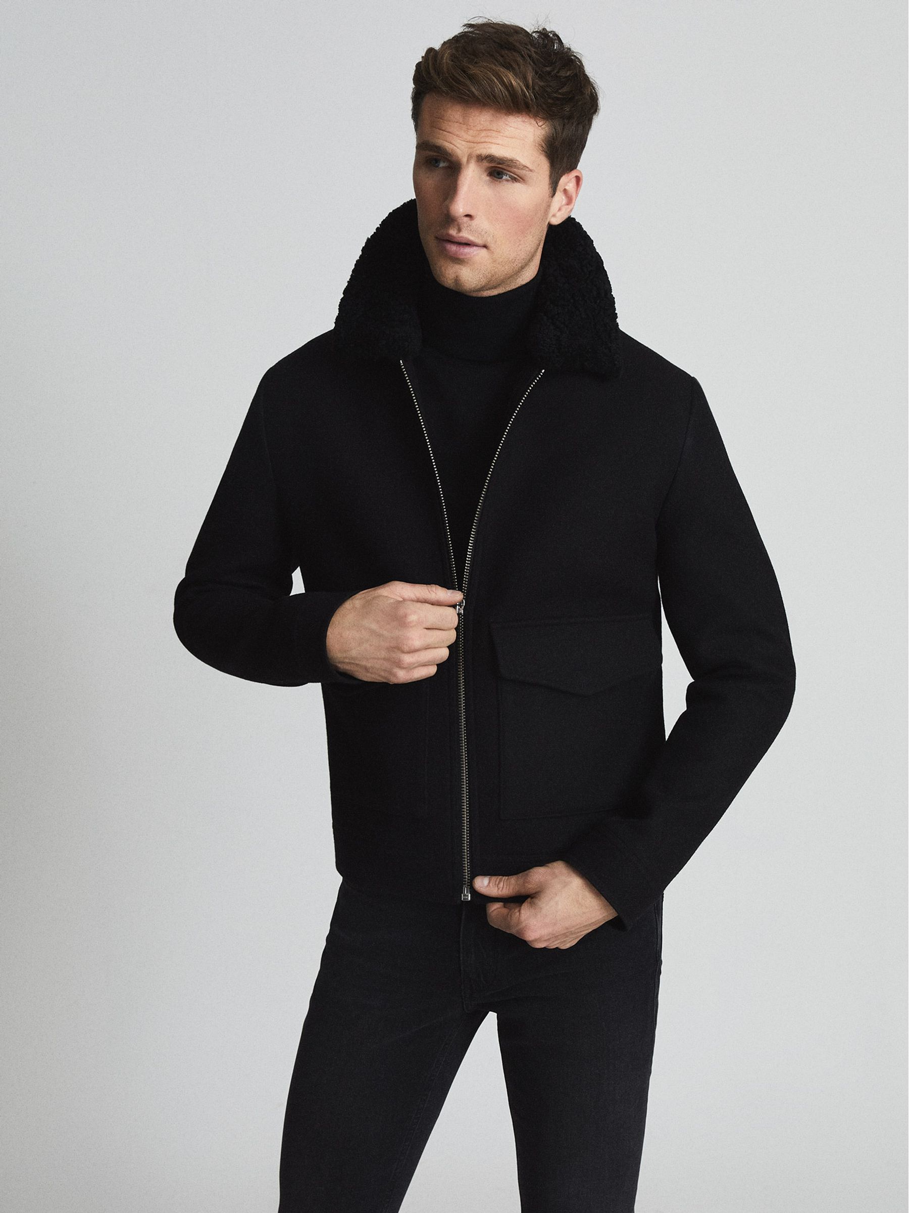 Shearling Collar Jacket in Black - Image 3 of 5