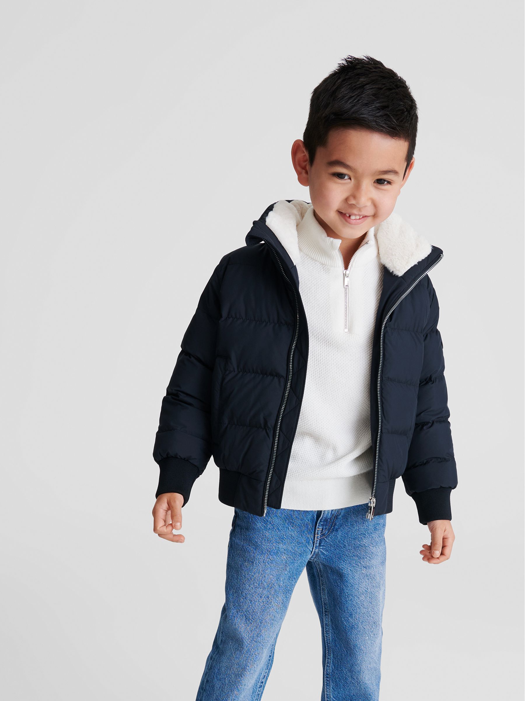 Faux Fur Trim Puffer Jacket in Navy - Image 1 of 7
