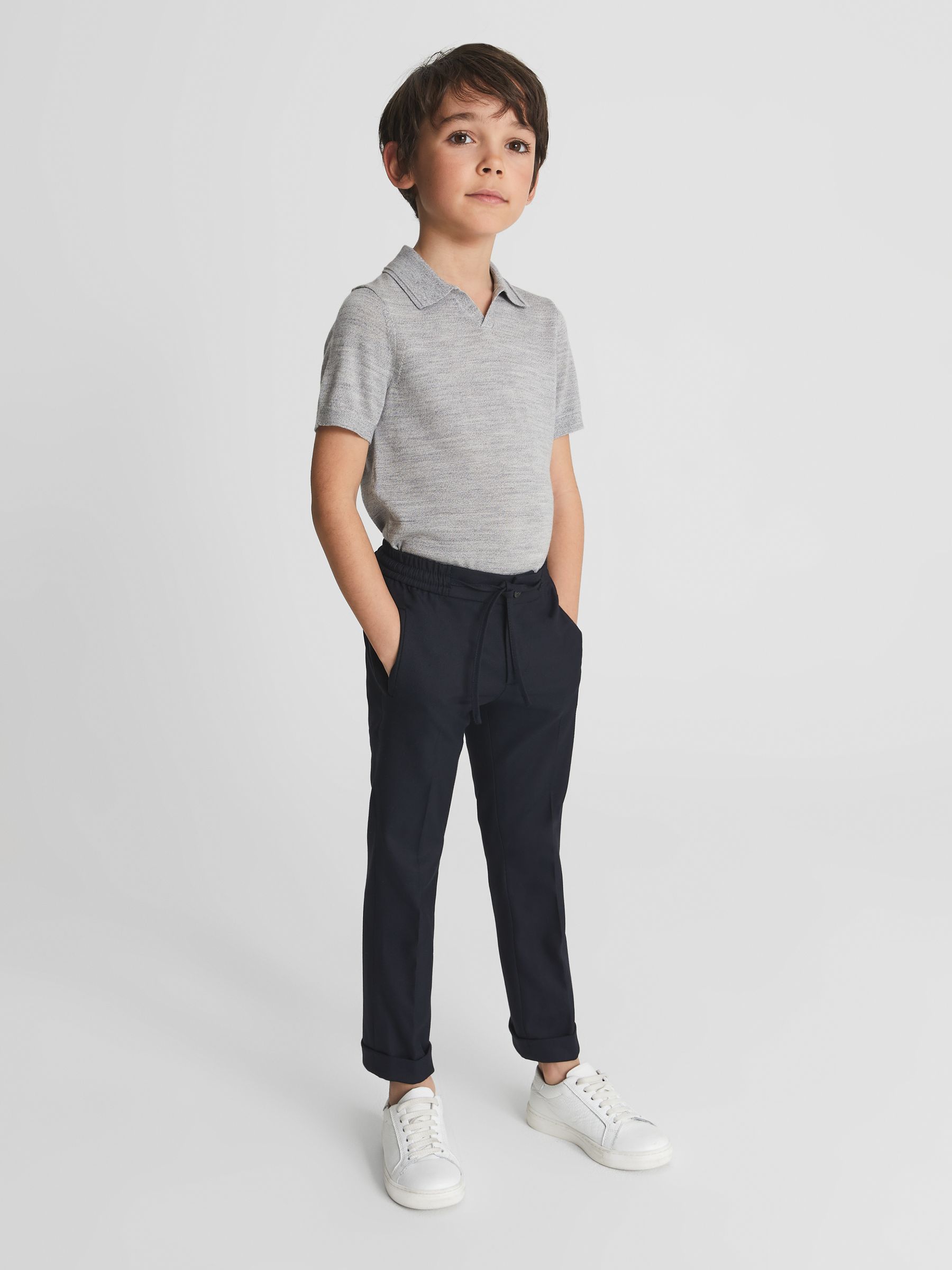 Casual Cropped Tapered Trousers in Navy - Image 1 of 6