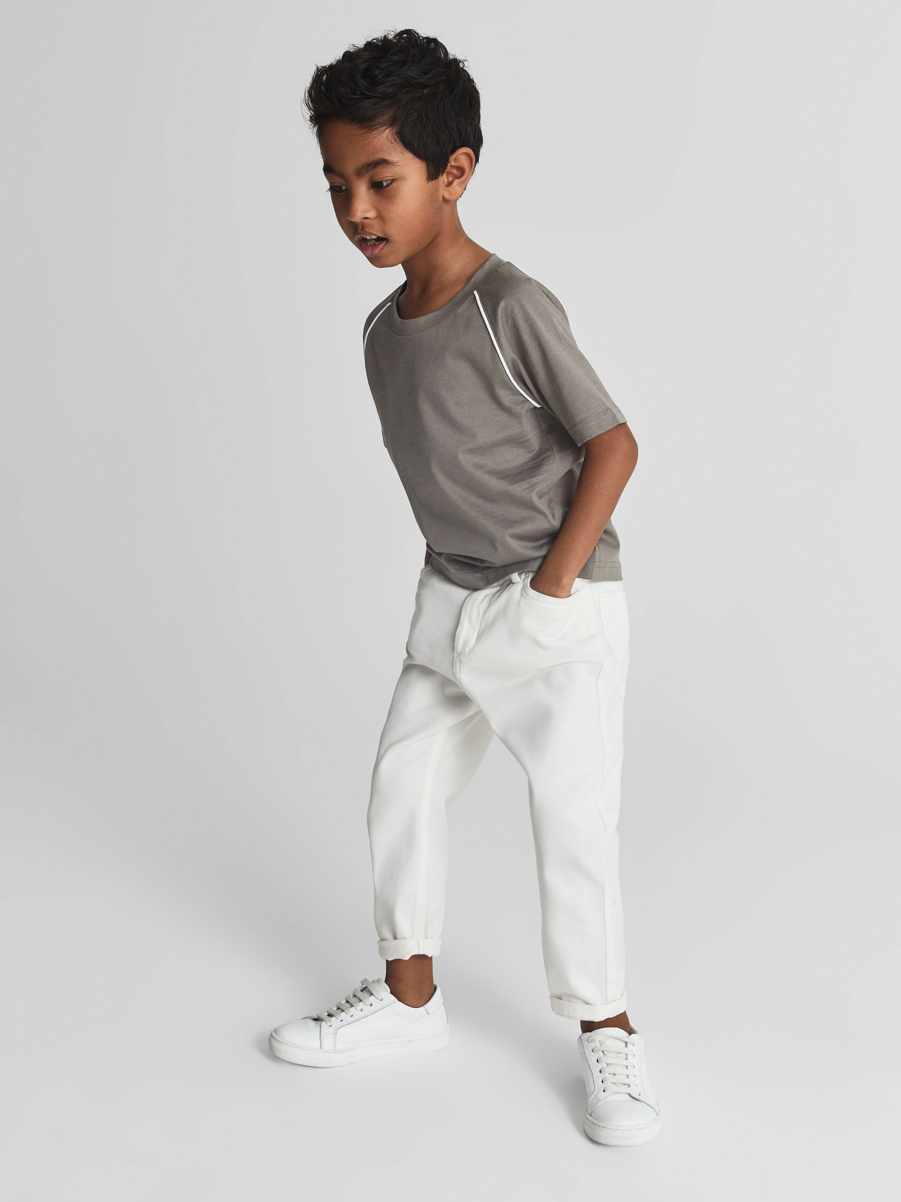 Piped Knitted Trim Crew Neck Tee in Sage - Image 1 of 6