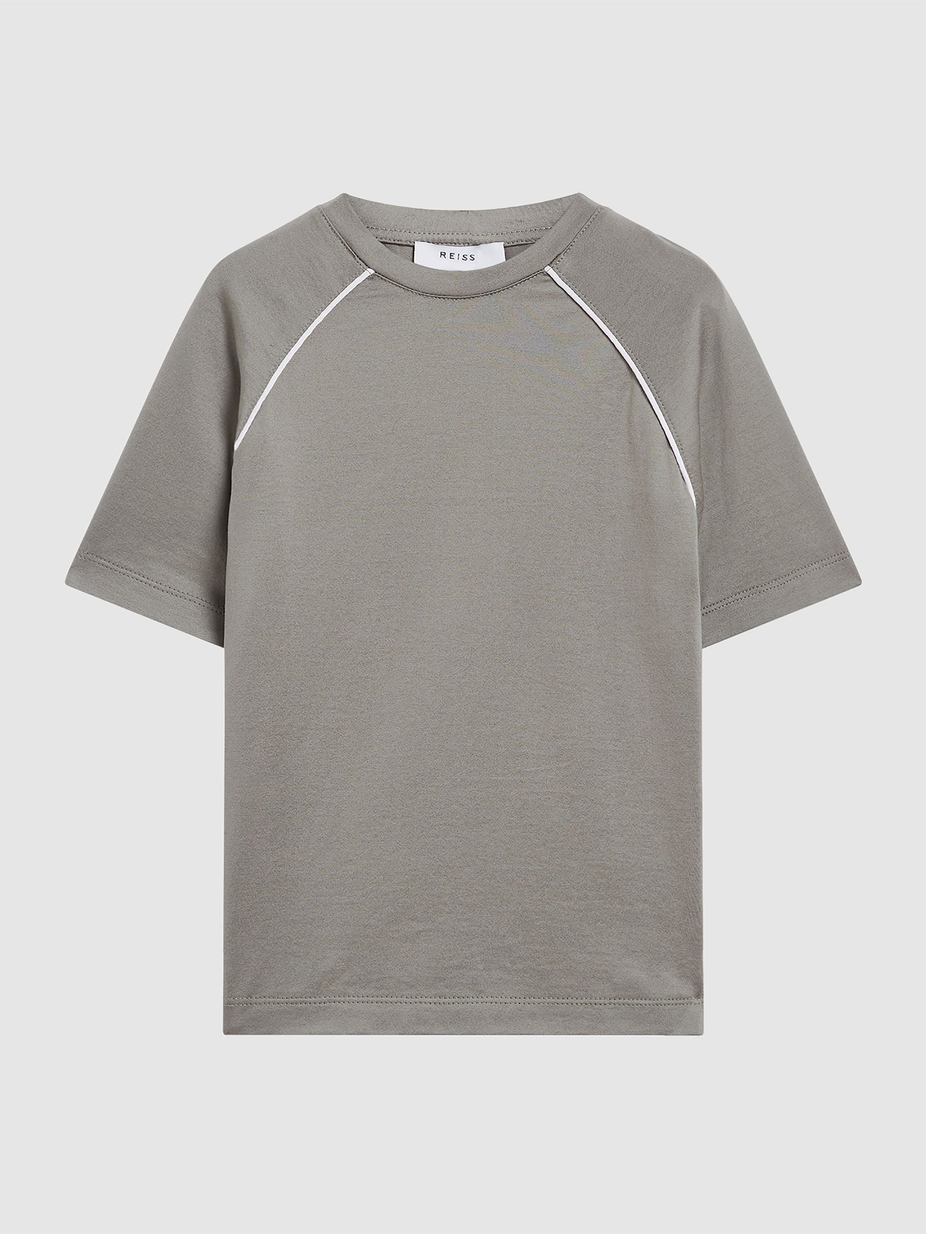 Piped Knitted Trim Crew Neck Tee in Sage - Image 2 of 6