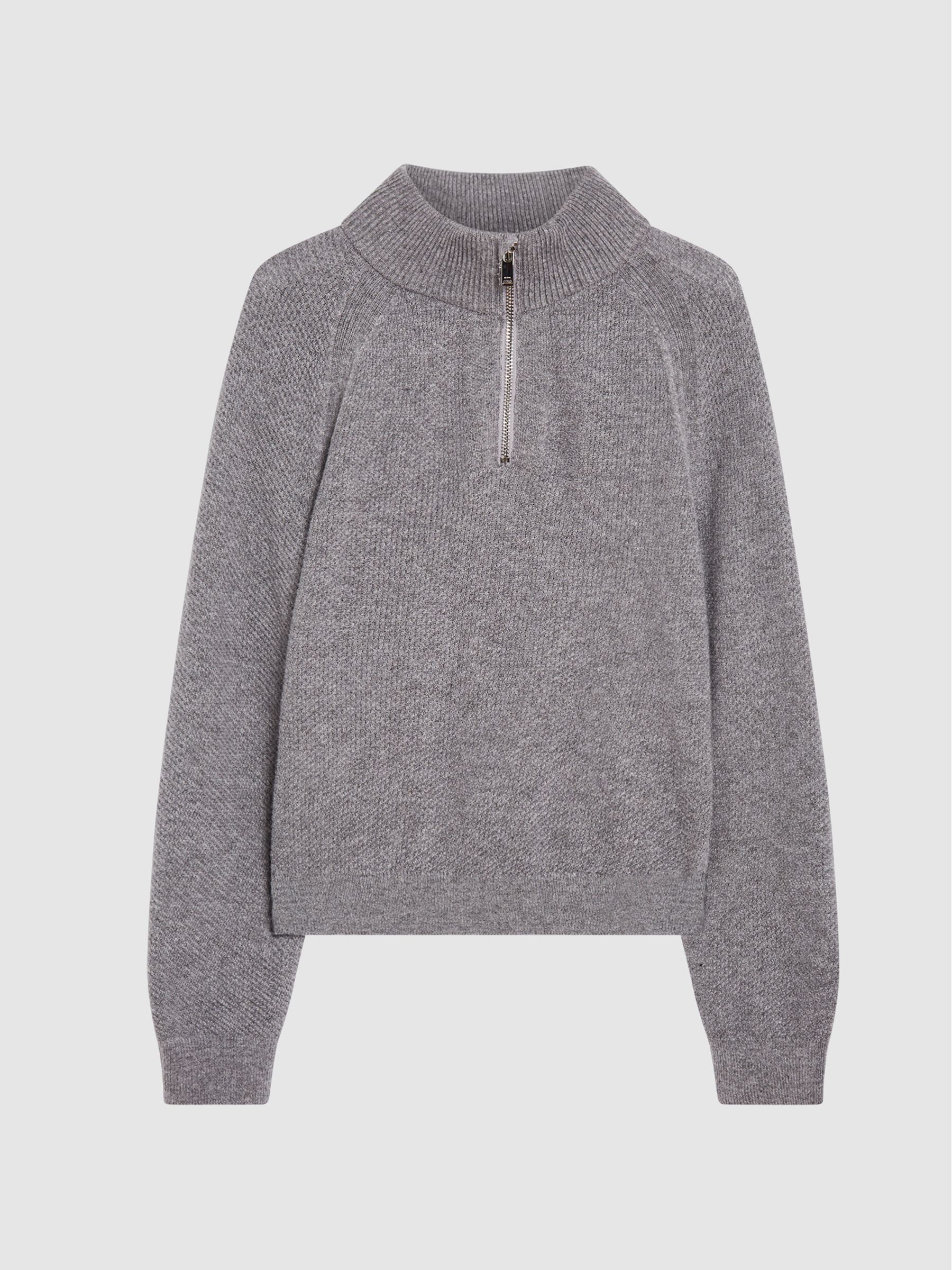 Textured Funnel Neck Half Zip Jumper in Grey Melange - Image 2 of 6