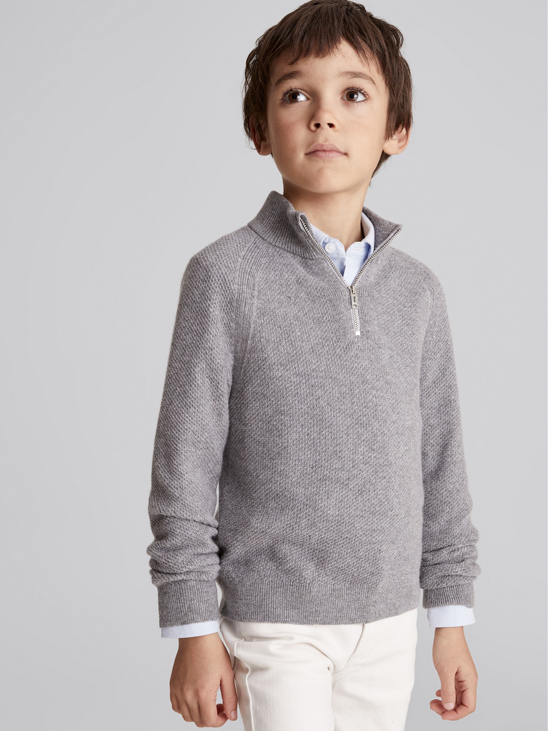 Textured Funnel Neck Half Zip Jumper in Grey Melange - Image 4 of 6