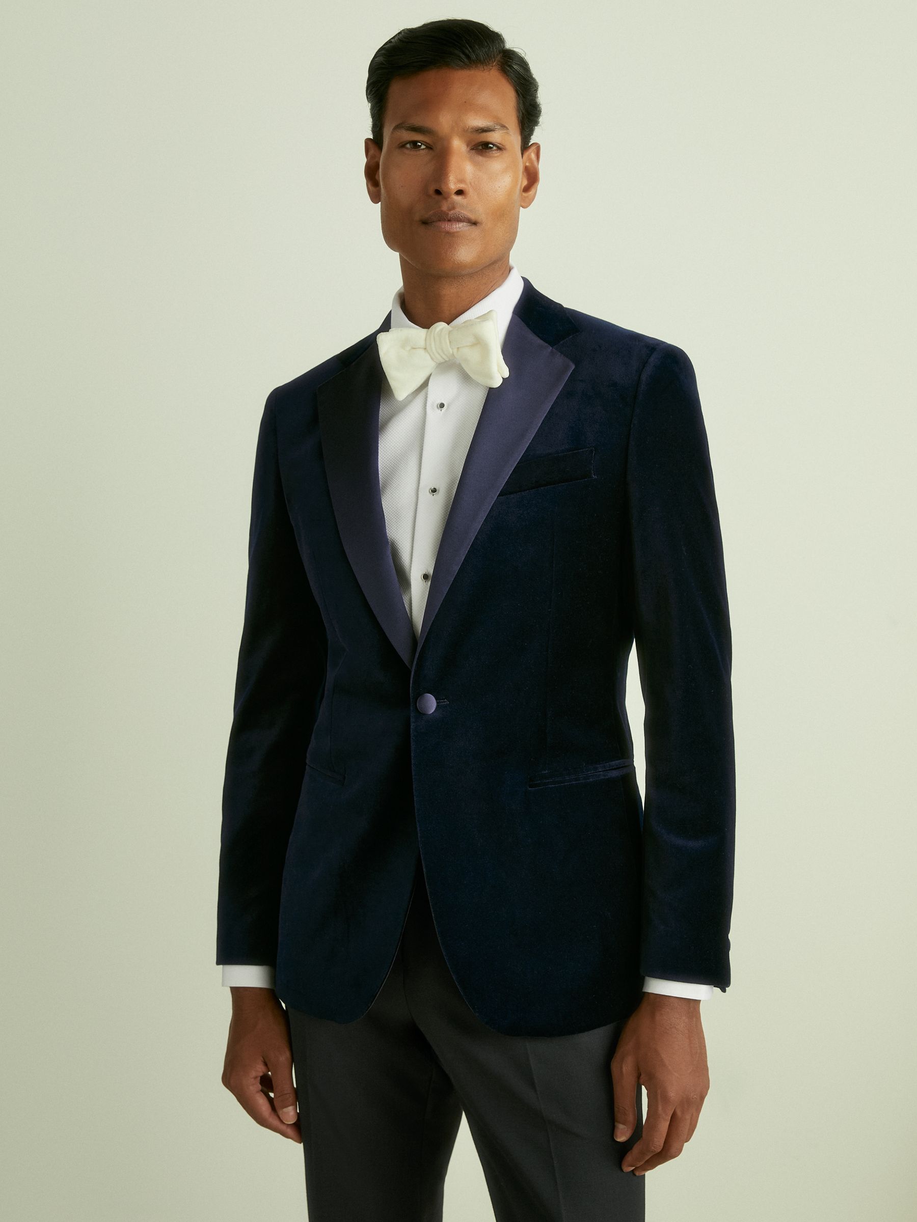 Velvet Single Breasted Slim Fit Jacket in Navy - Image 5 of 10