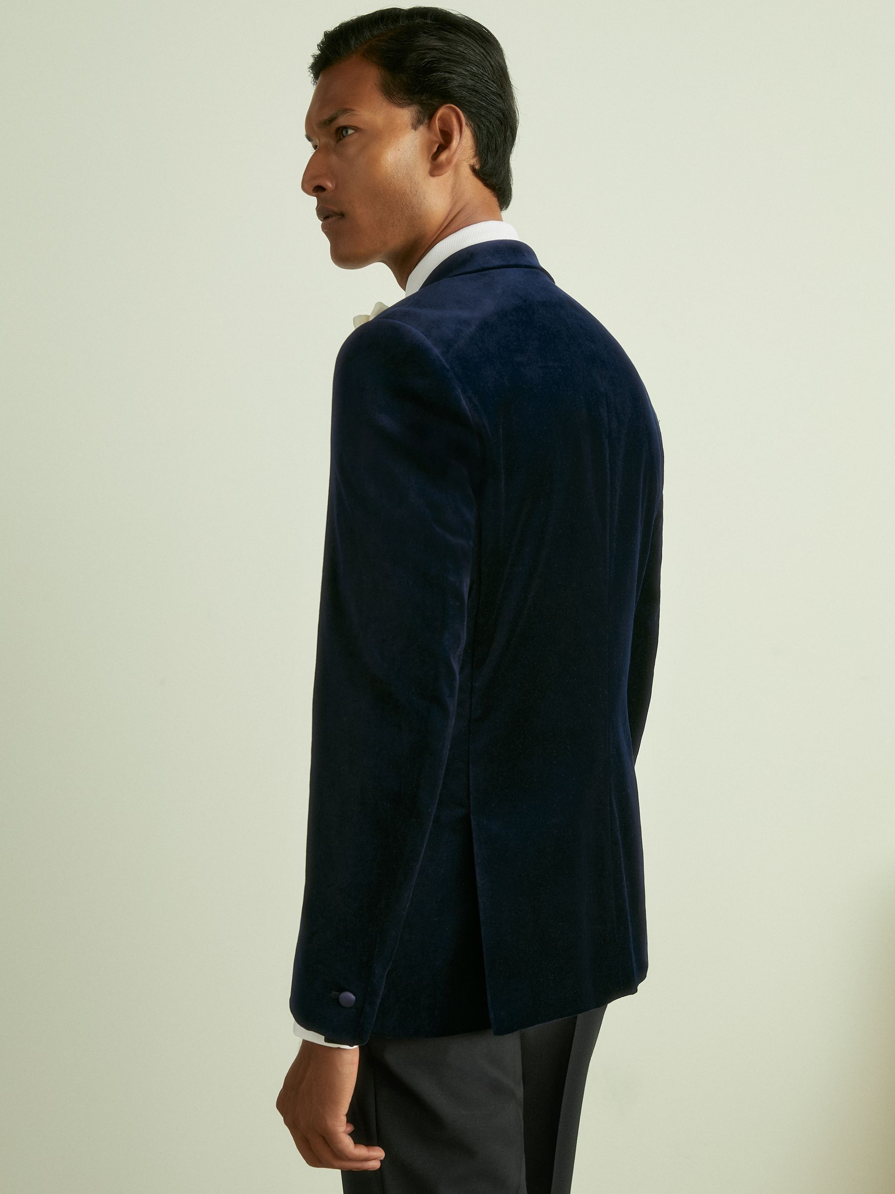 Velvet Single Breasted Slim Fit Jacket in Navy - Image 7 of 10