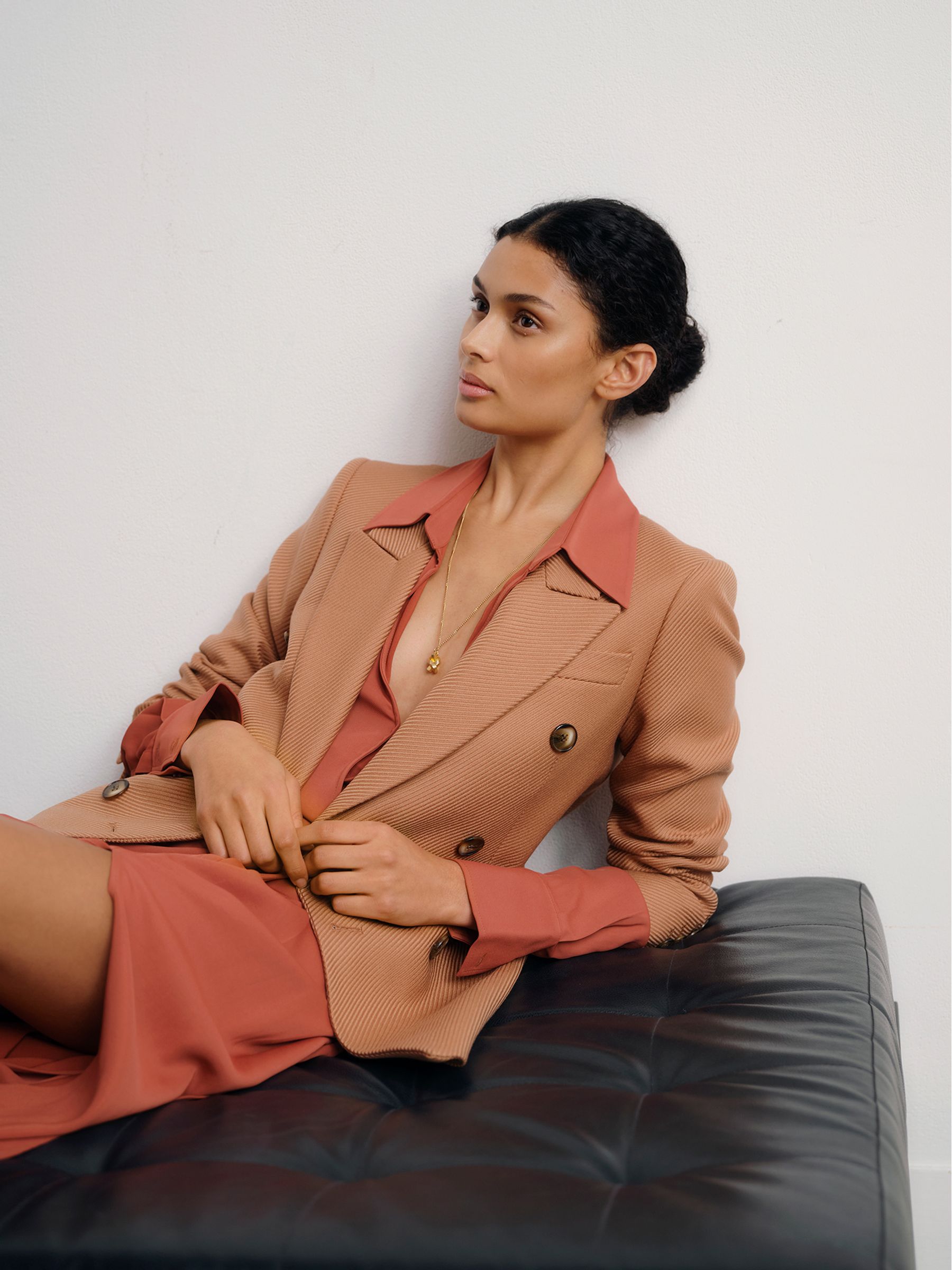 Double Breasted Wool Blend Blazer in Pink - Image 1 of 7 Double Breasted Wool Blend Blazer in Pink - Image 1 of 7