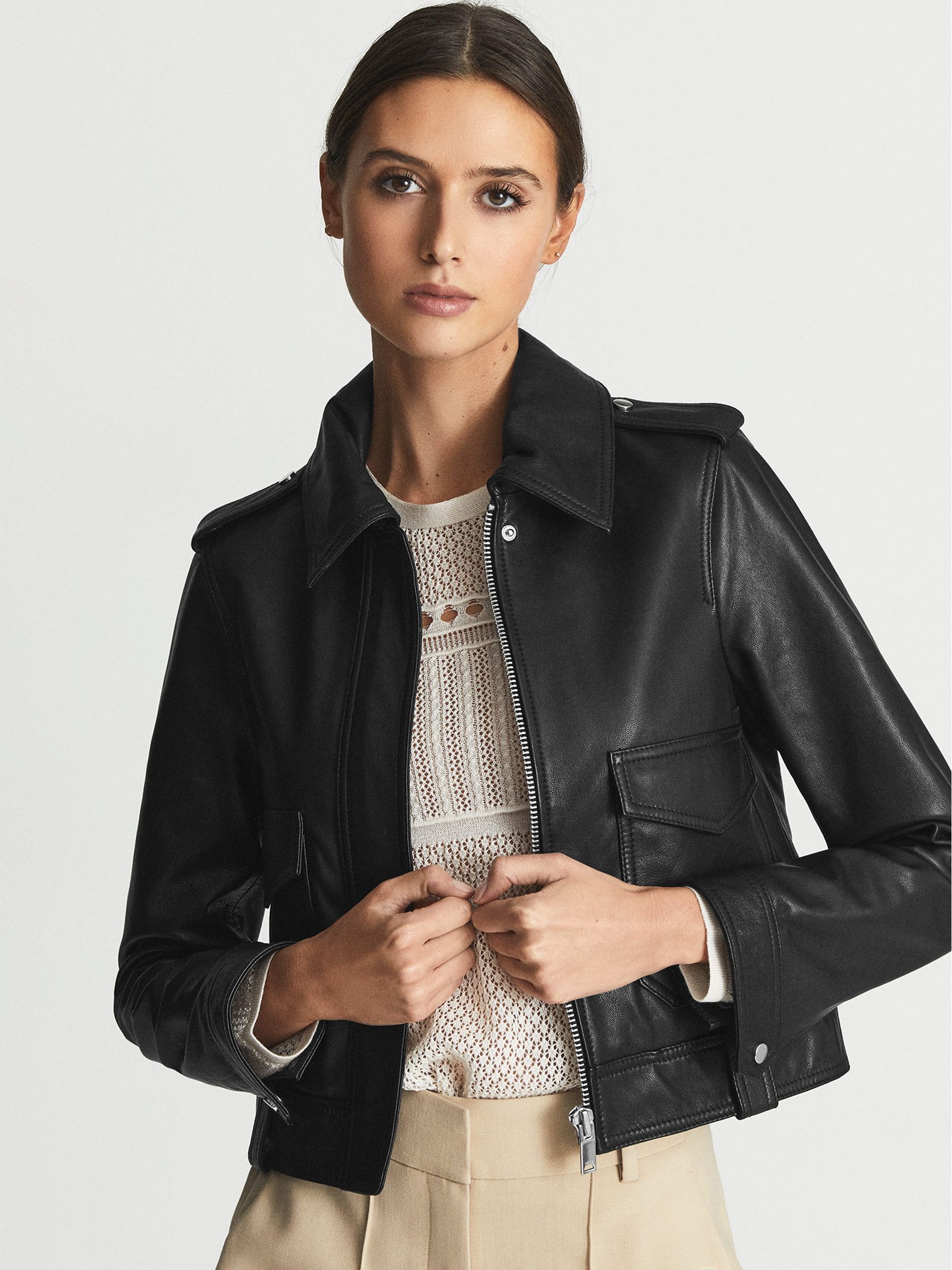 Reiss Leather Trucker Jacket in Black | REISS