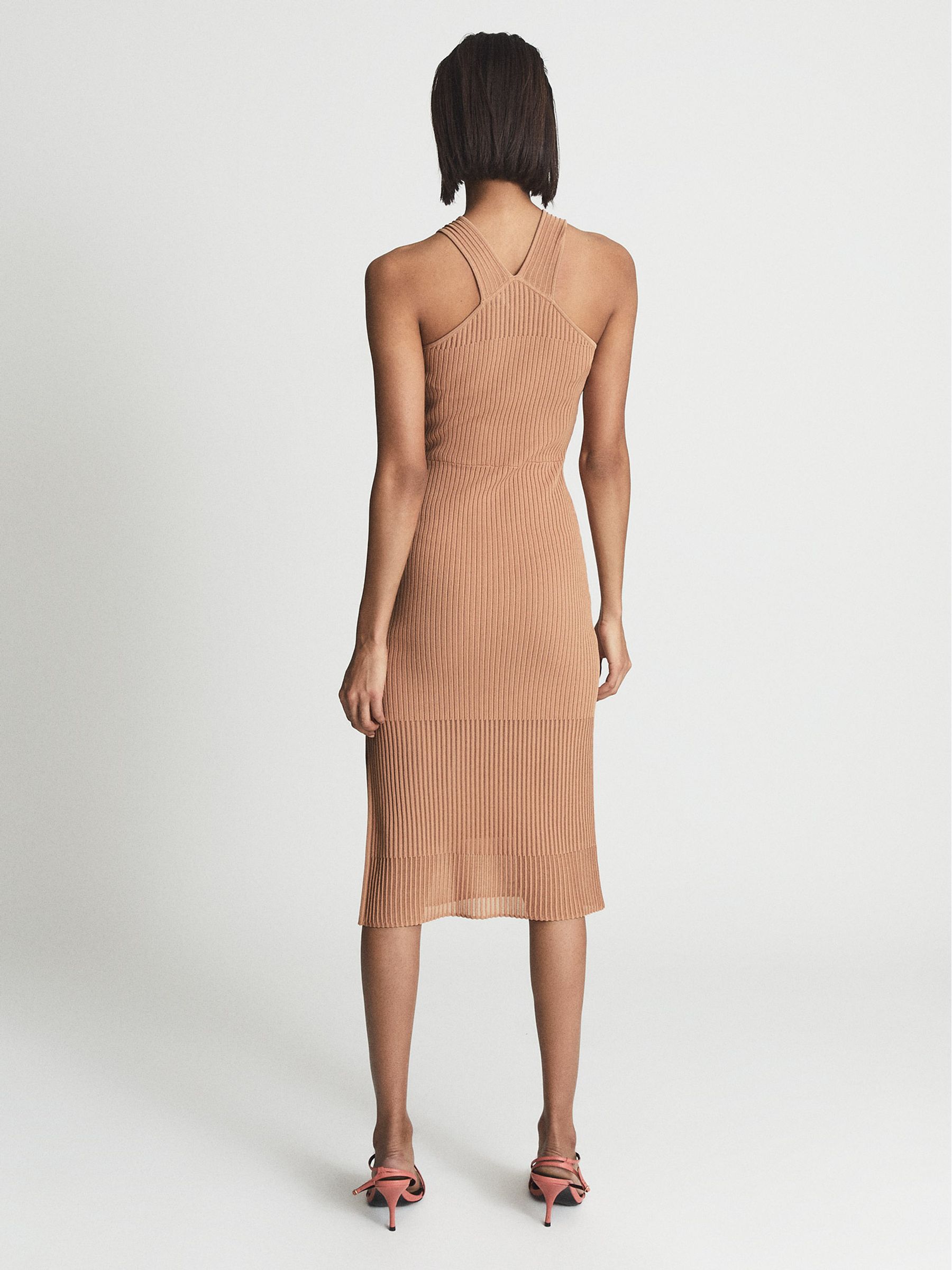 REISS☆LYRA MESH JERSEY RUCHED MIDI ワンピース 2色【UK発】 Reiss Sheer Stripe Knit Bodycon Dress in Pink - REISS