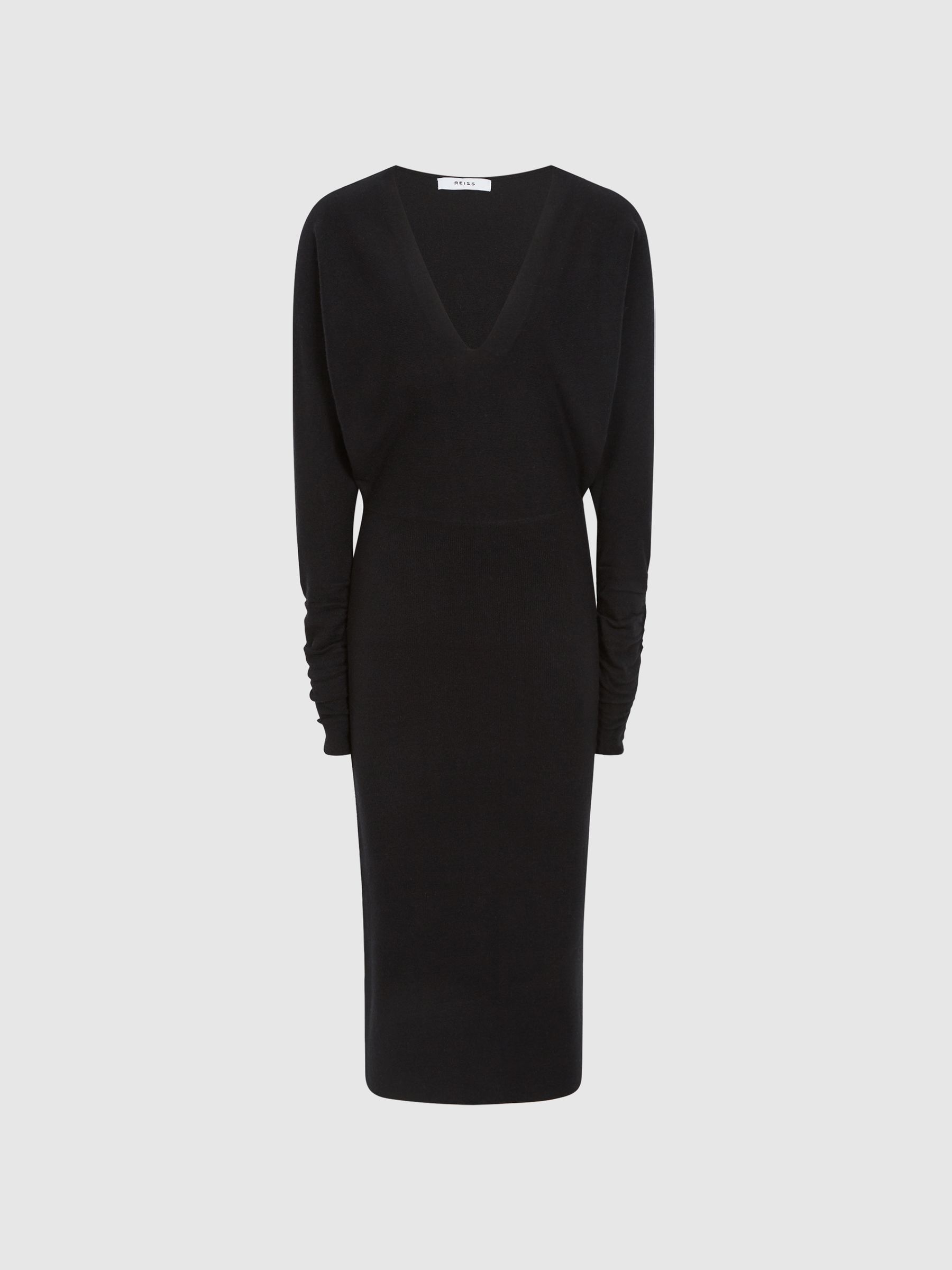 Wool Blend Ruched Sleeve Midi Dress in Black - Image 2 of 6