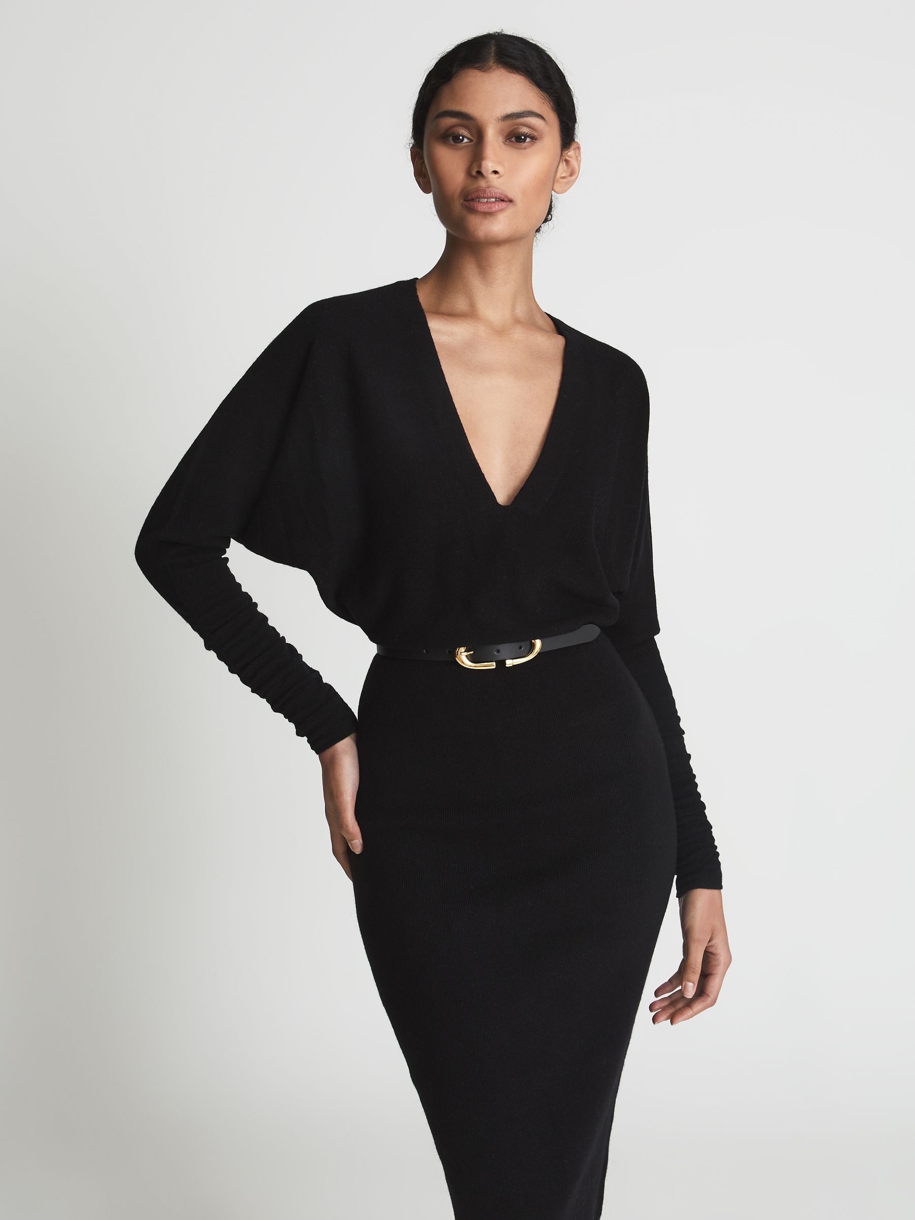 Wool Blend Ruched Sleeve Midi Dress in Black - Image 3 of 6