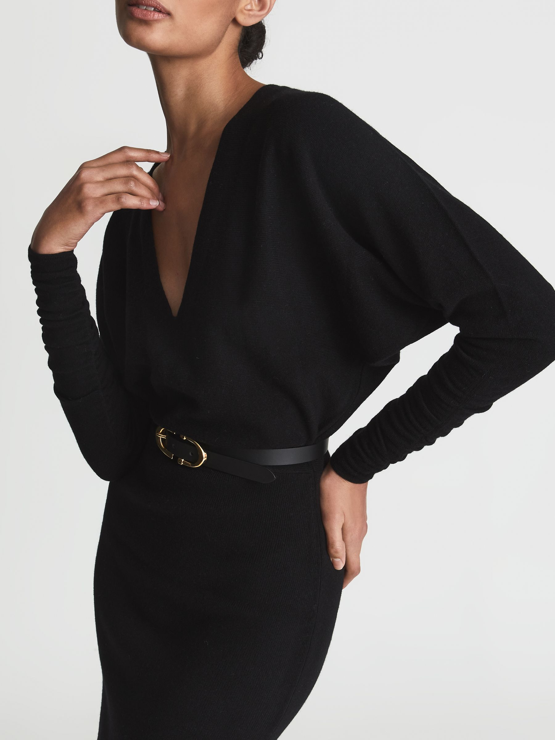 Wool Blend Ruched Sleeve Midi Dress in Black - Image 4 of 6