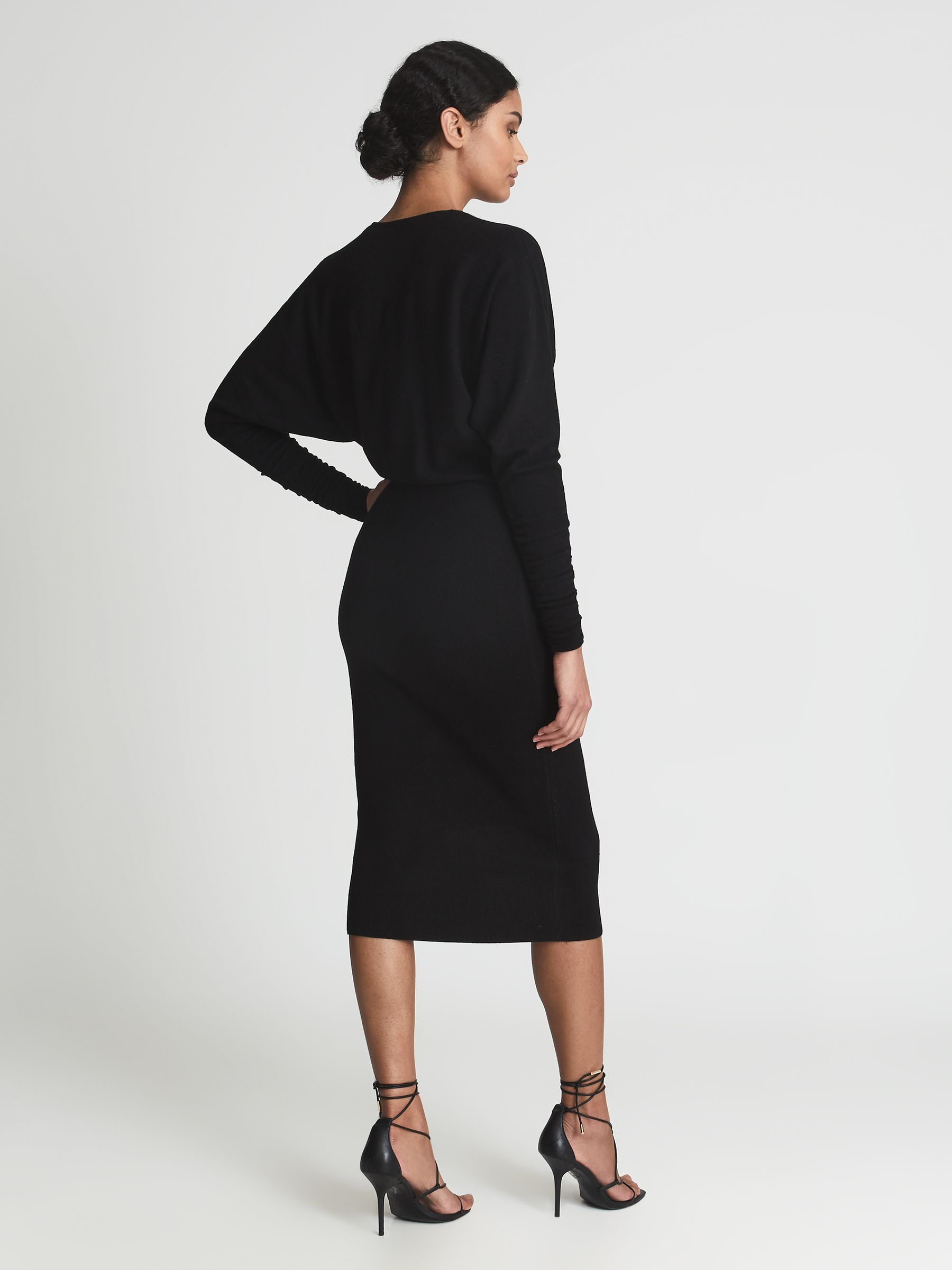 Wool Blend Ruched Sleeve Midi Dress in Black - Image 5 of 6