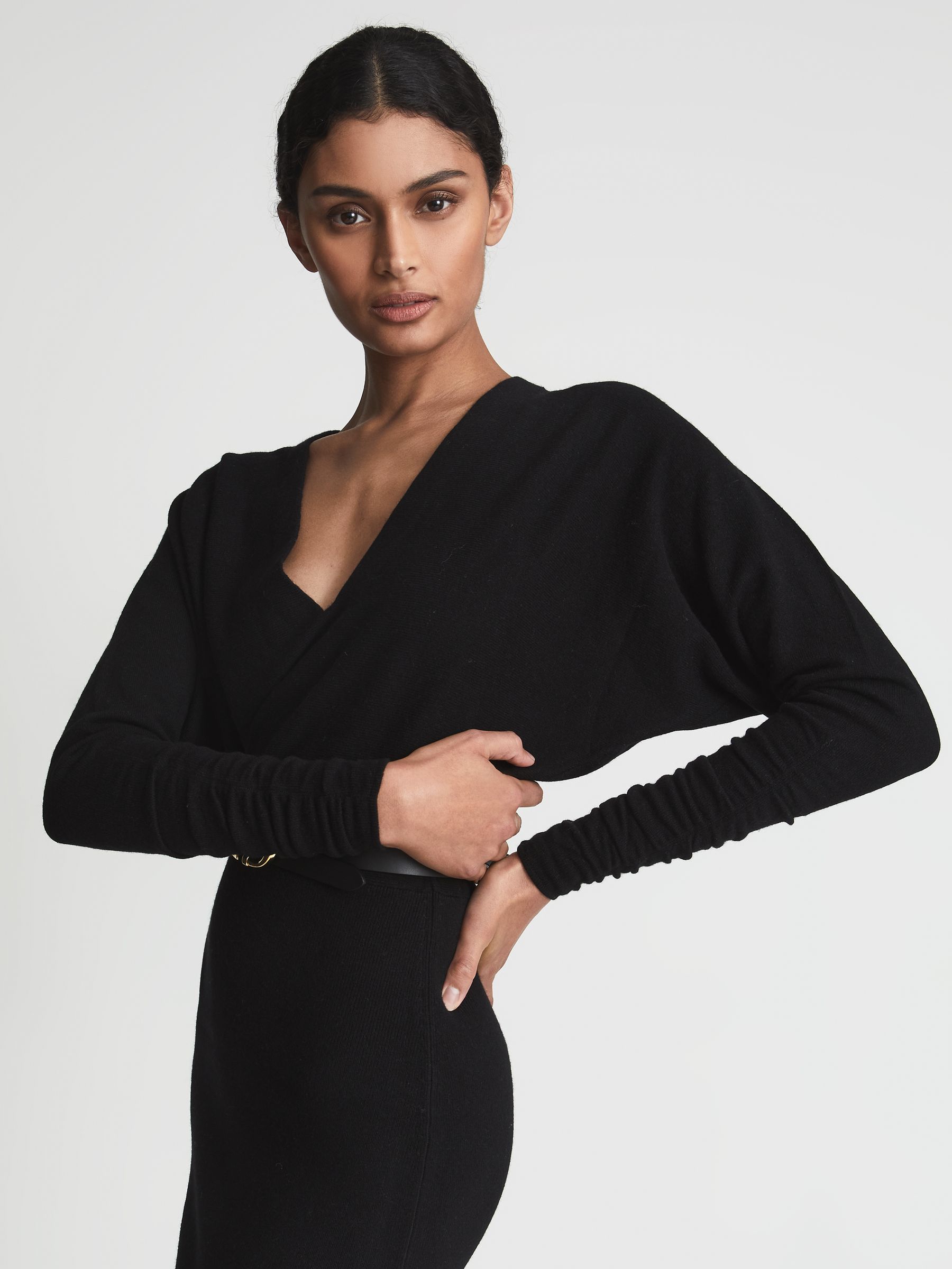 reiss jenna ruched sleeve knit bodycon dress Reiss Wool Blend Ruched Sleeve Midi Dress in Black