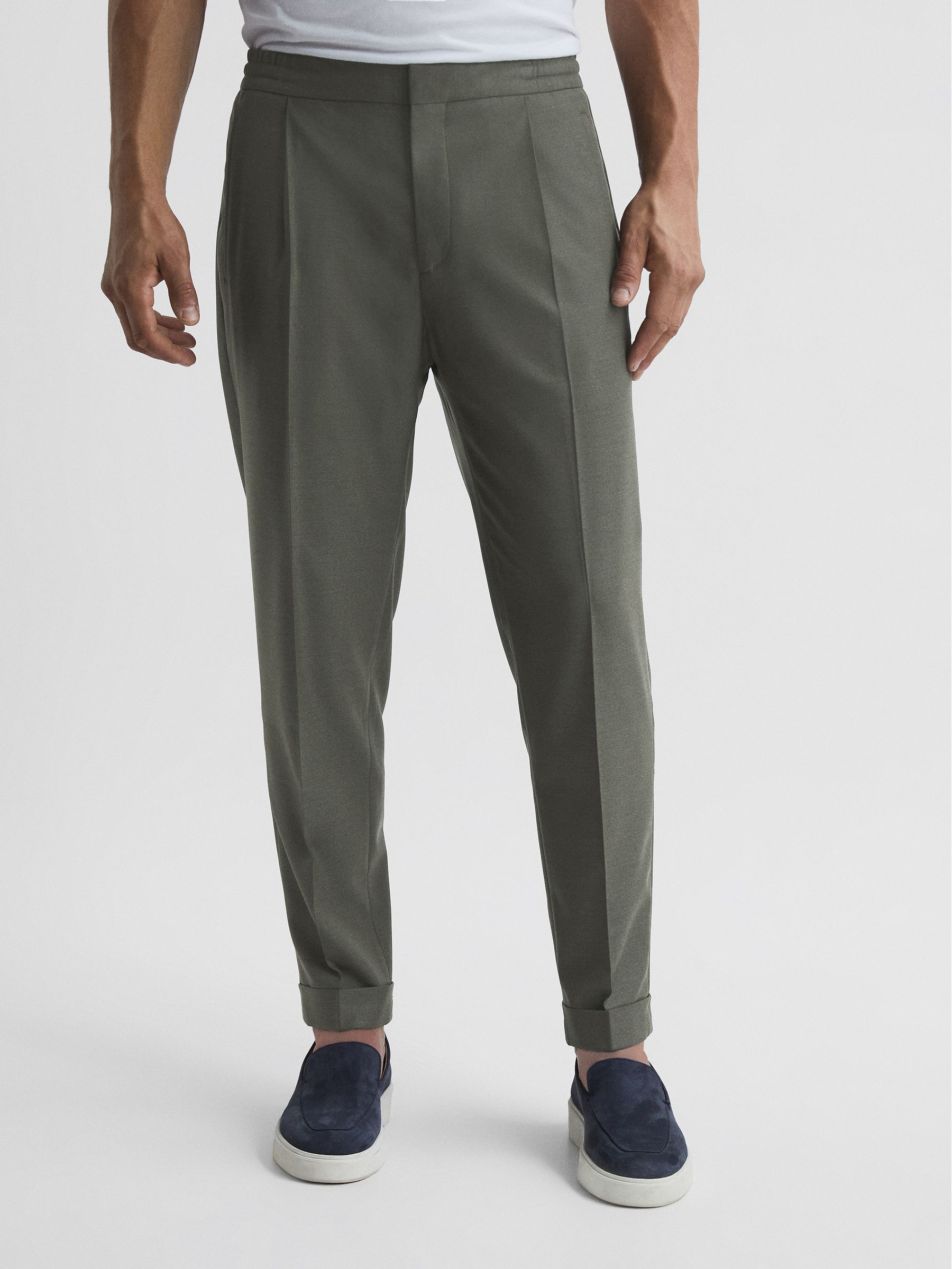 Relaxed Drawstring Trousers with Turn-Ups in Khaki - Image 1 of 7
