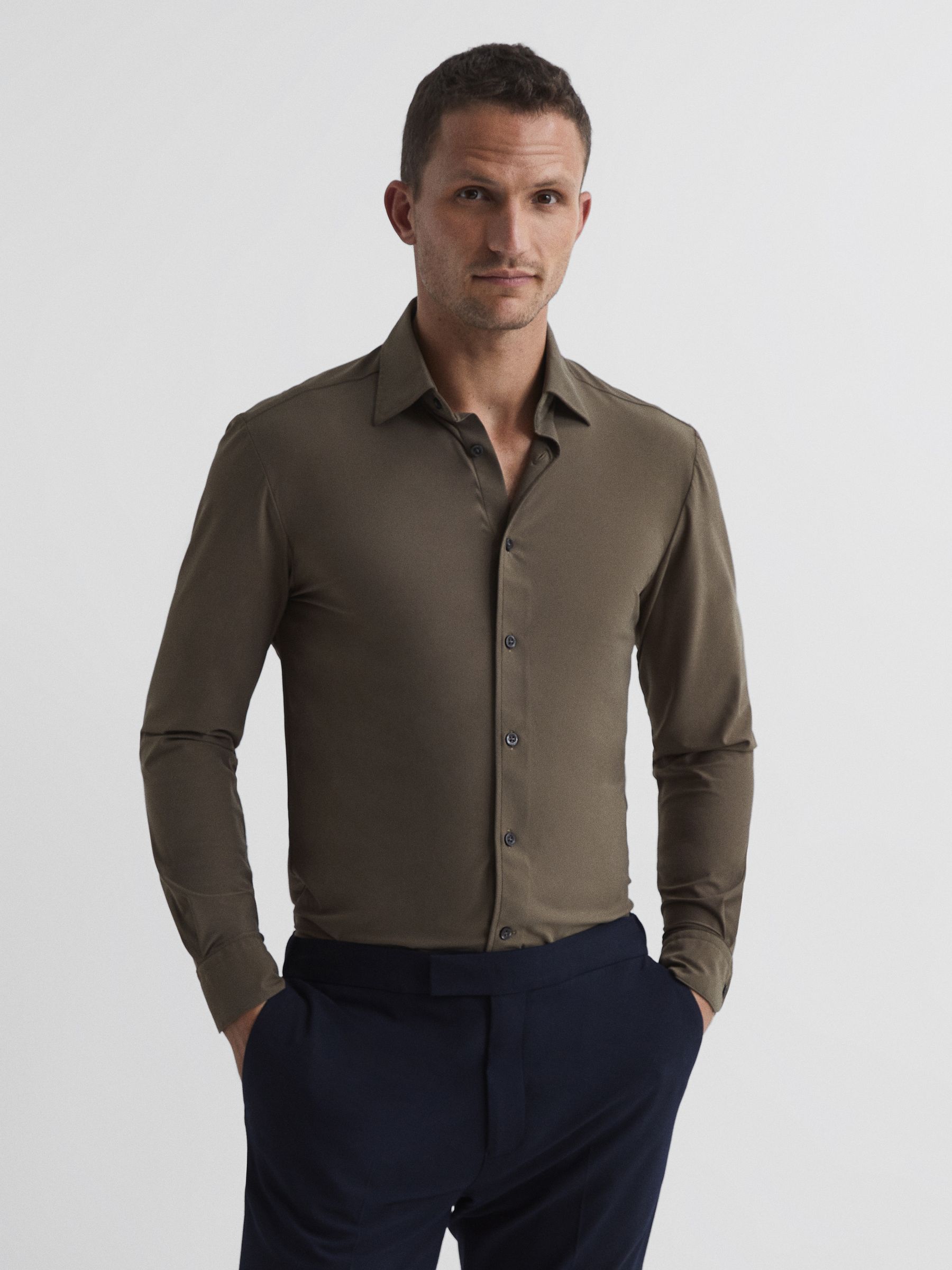 Regular Fit Travel Shirt in Khaki - Image 1 of 9