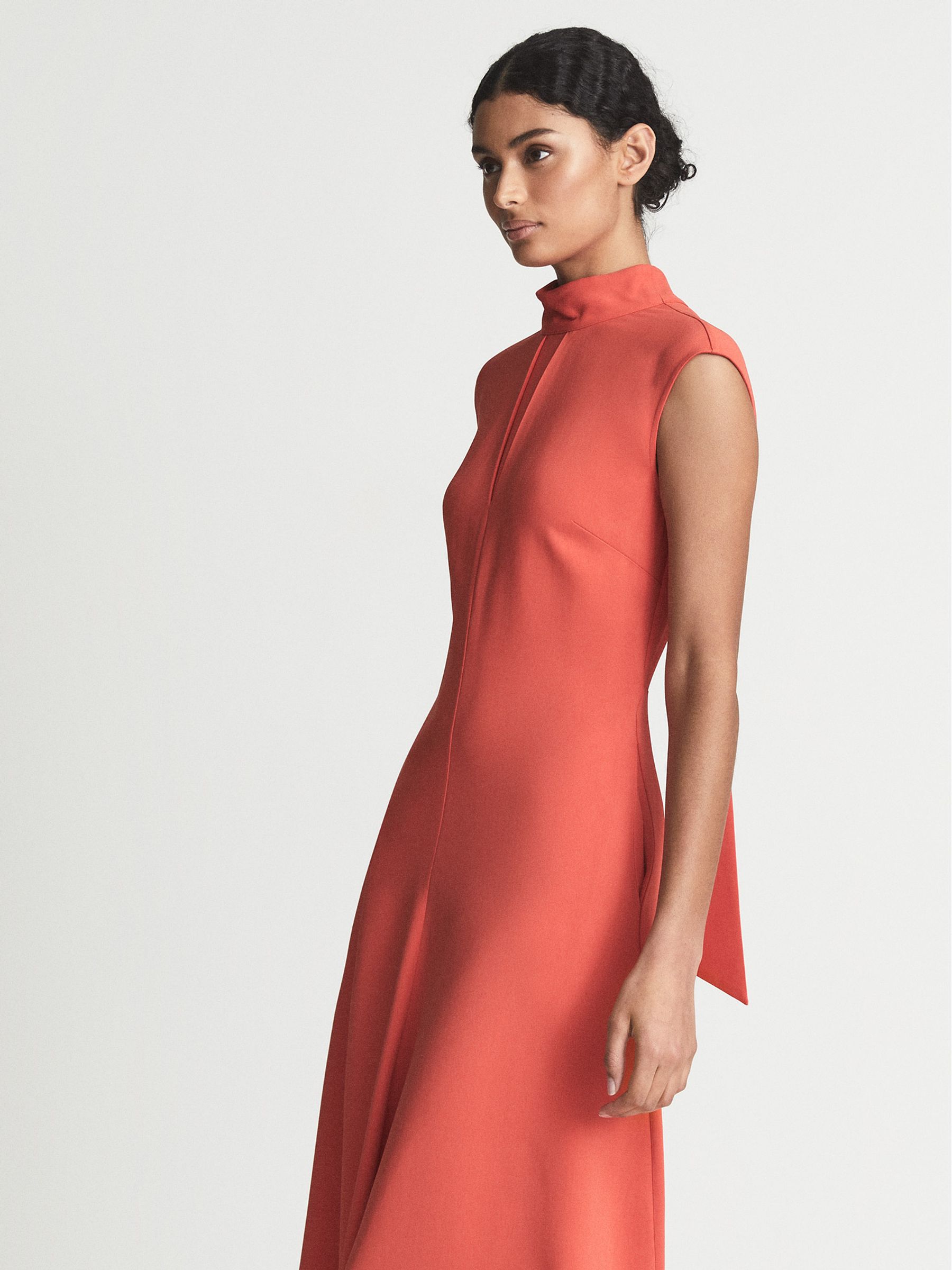 Reiss Scarf Print Belted Midi Dress in Coral - REISS