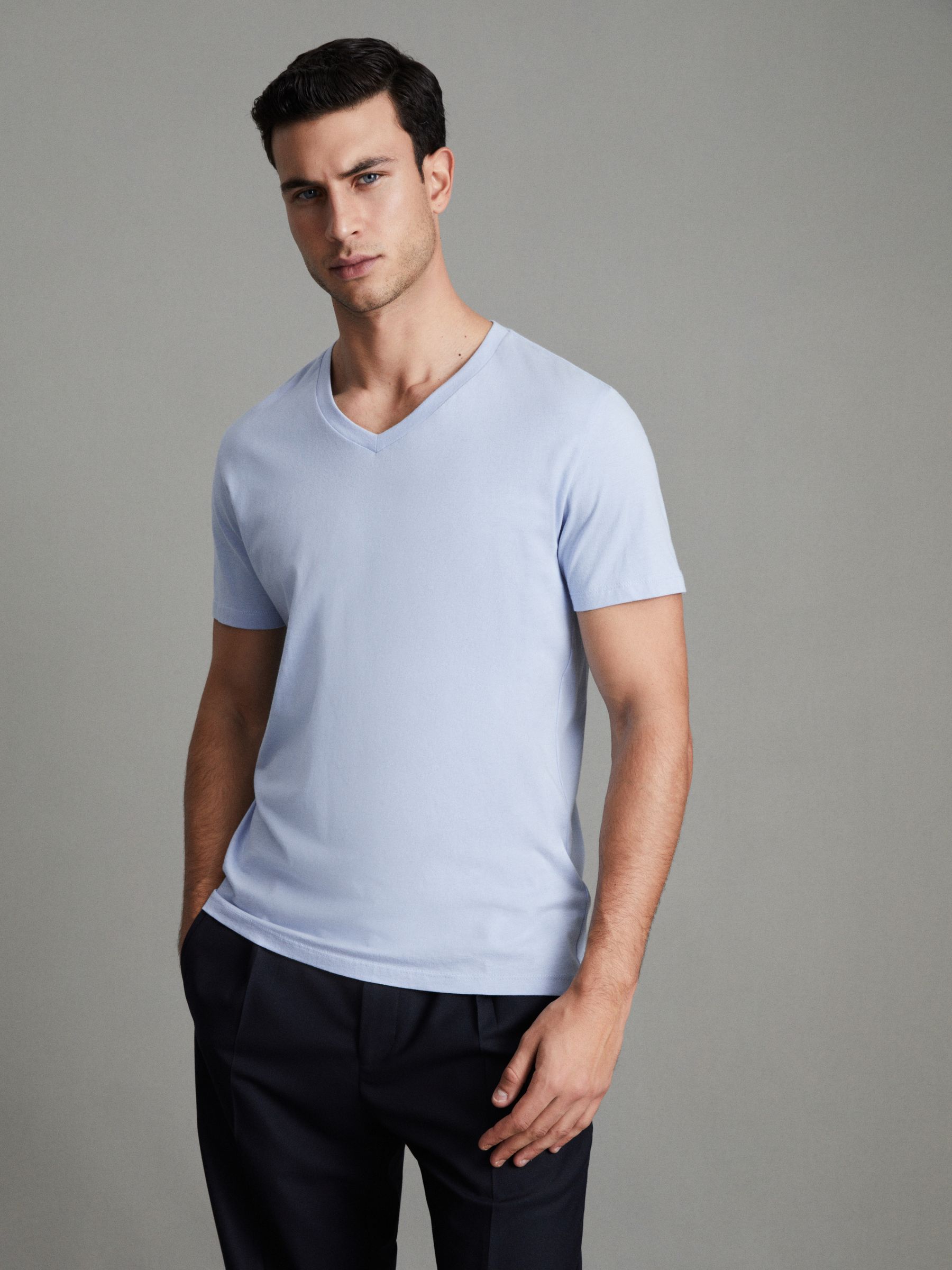 Cotton V-Neck T-Shirt in Soft Blue - Image 1 of 7