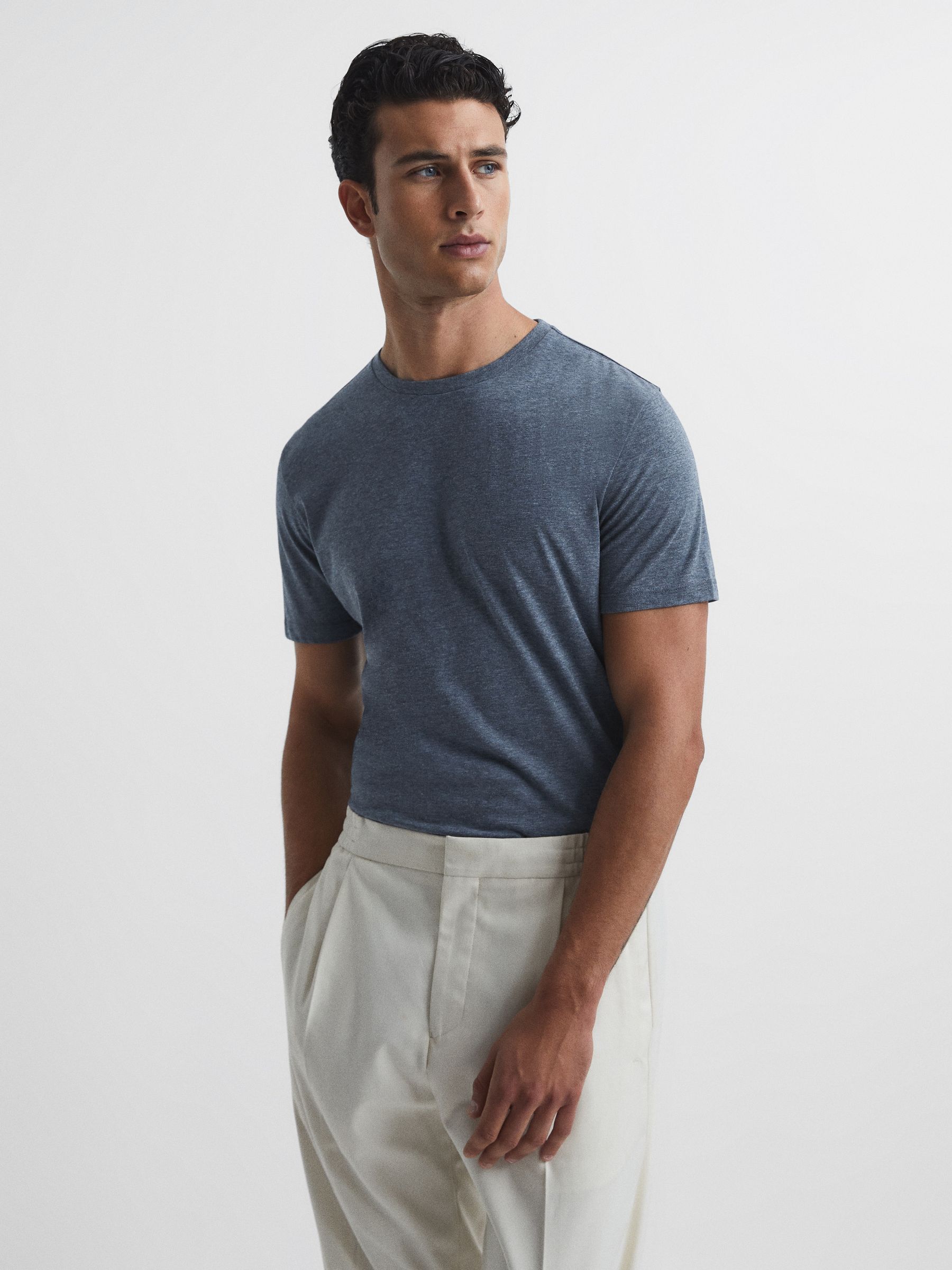 Cotton Crew Neck T-Shirt in Airforce Blue Melange - Image 1 of 7