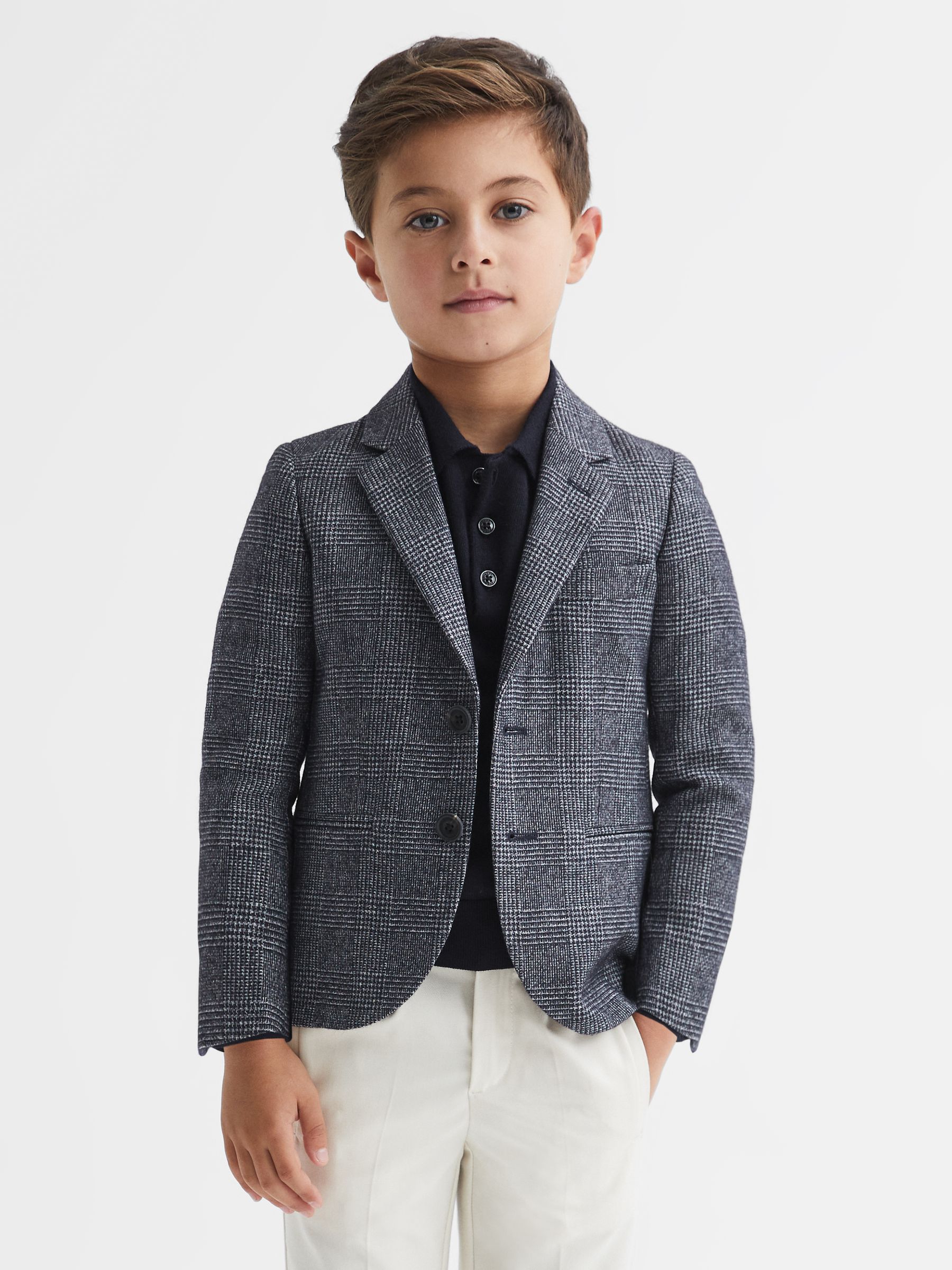 4-9 yrs Single Breasted Check Blazer in Navy - Image 1 of 6